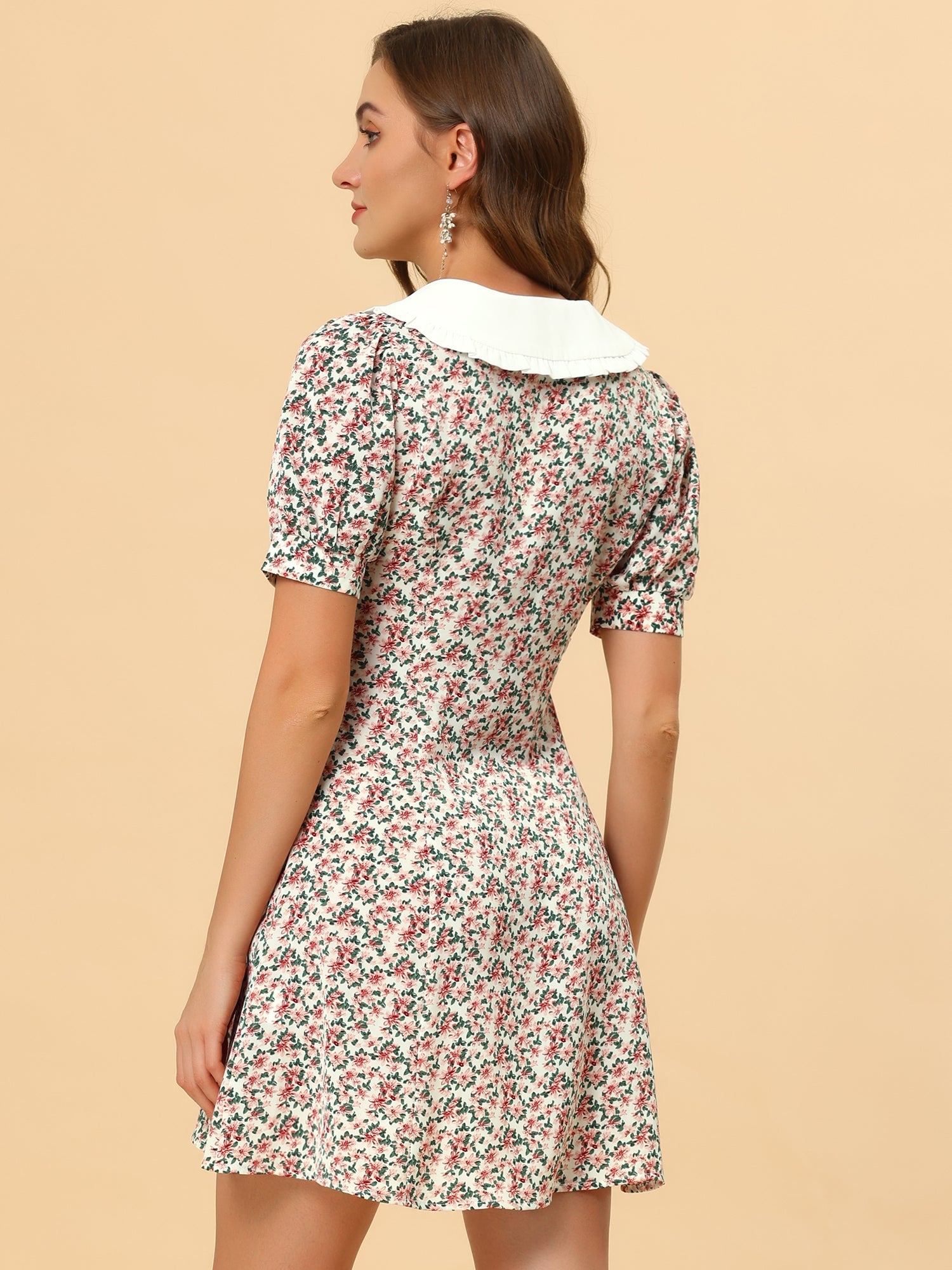 Peter Pan Collar Flowy Short Sleeve Ruffle Summer Floral Shirt Dress
