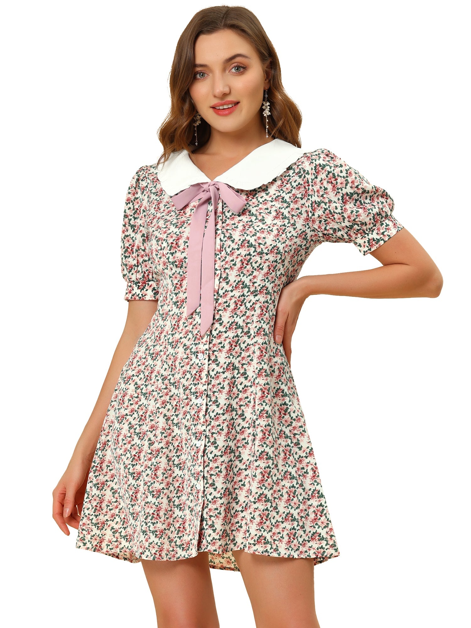 Peter Pan Collar Flowy Short Sleeve Ruffle Summer Floral Shirt Dress