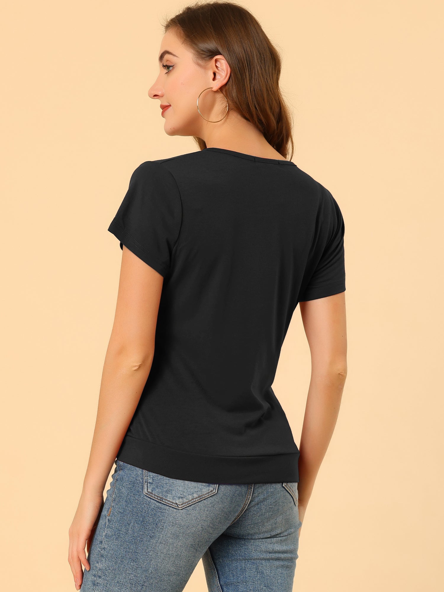 Wrap V Neck Short Sleeve Button Decor Ruched Top
