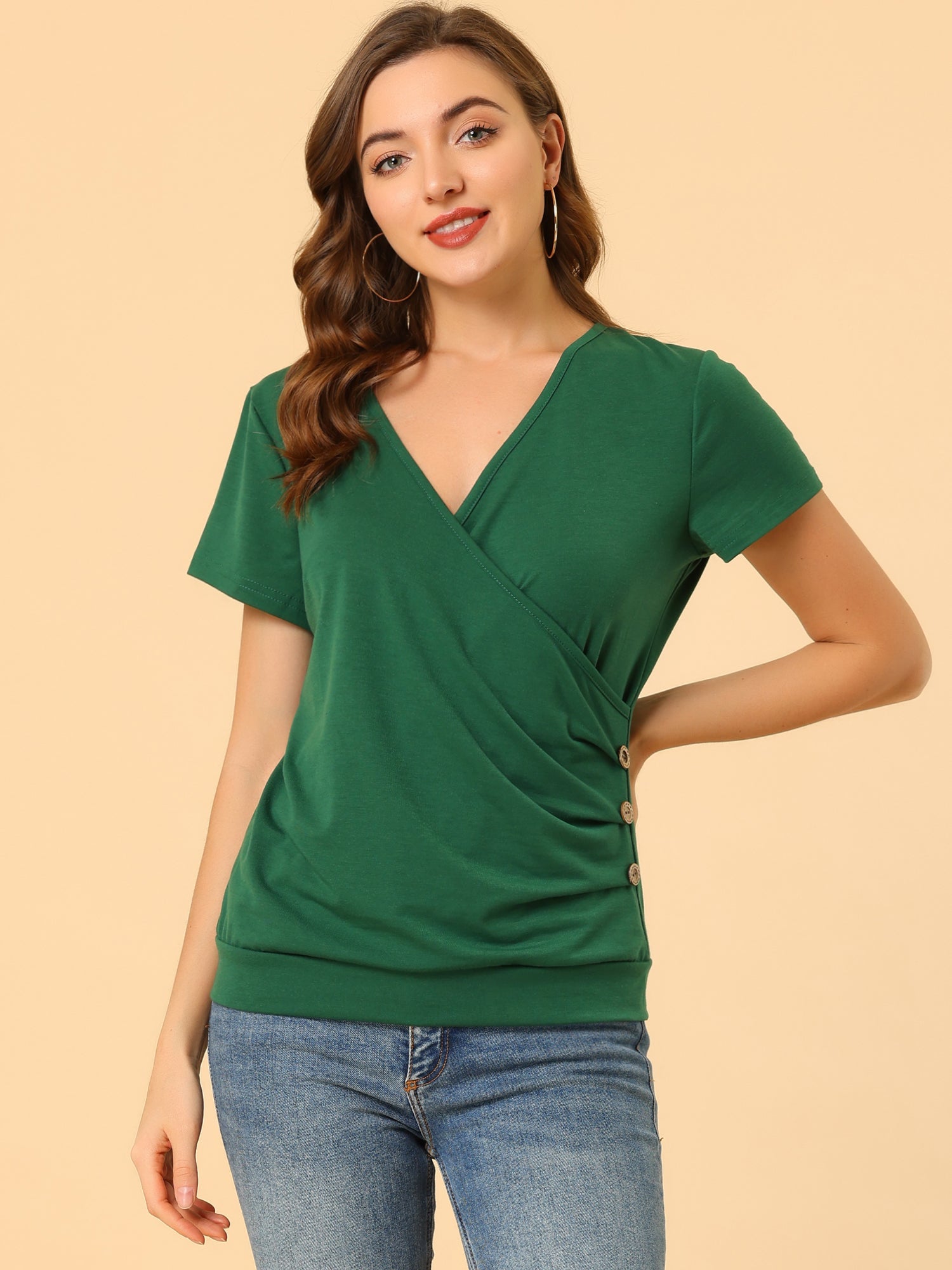 Wrap V Neck Short Sleeve Button Decor Ruched Top