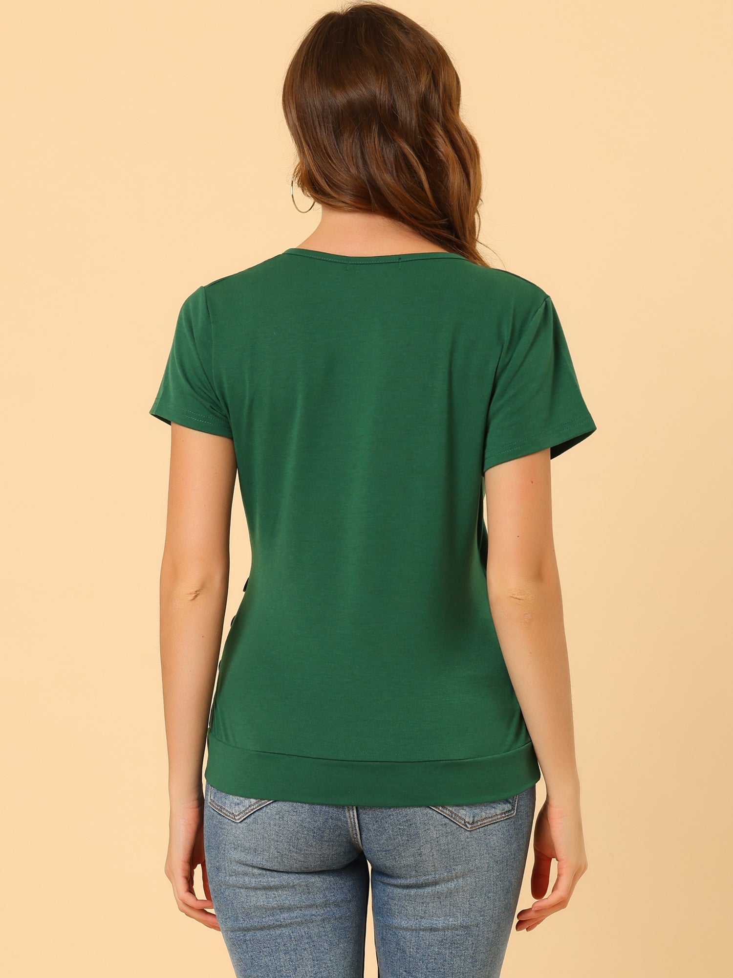 Wrap V Neck Short Sleeve Button Decor Ruched Top