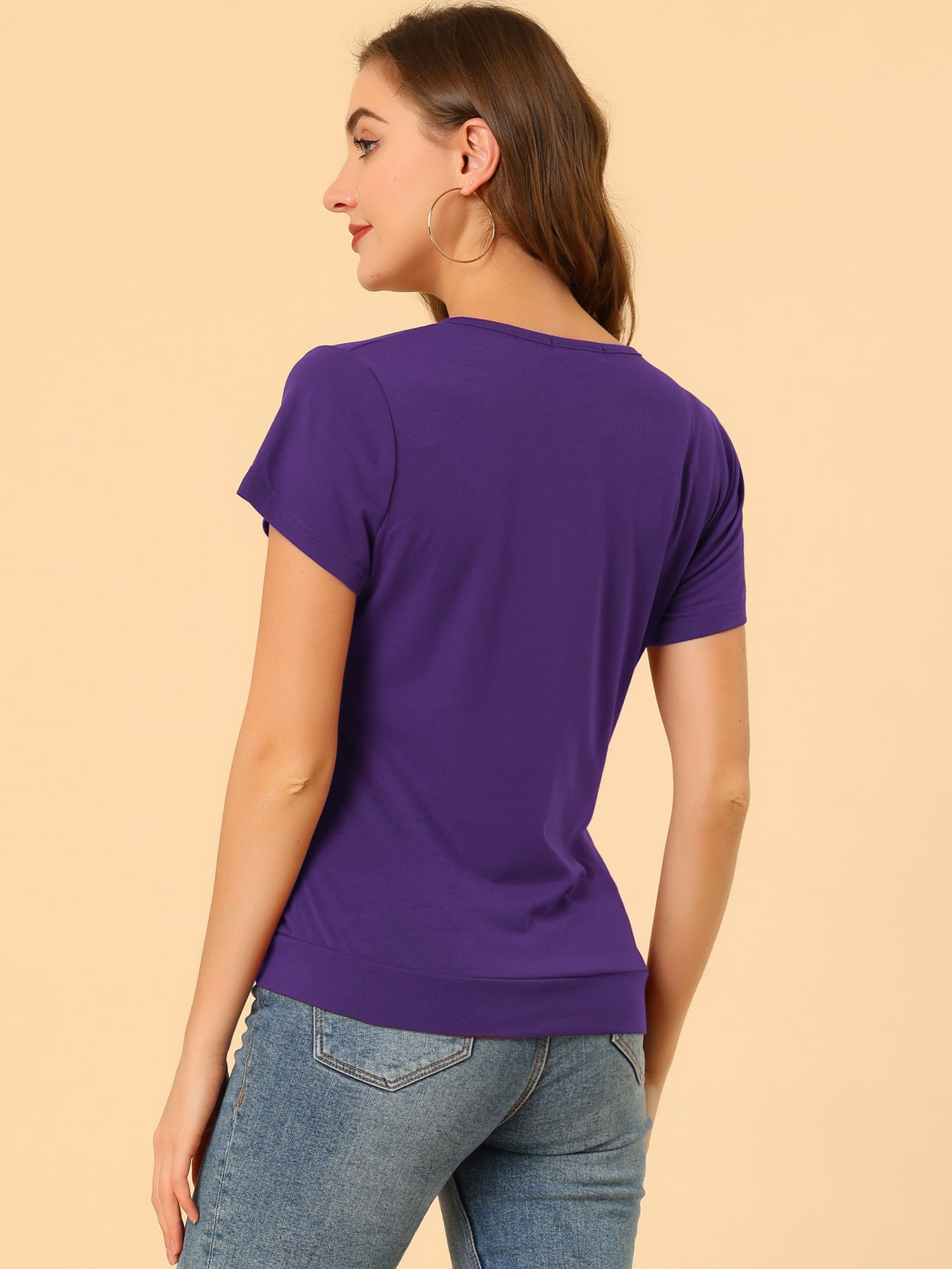 Wrap V Neck Short Sleeve Button Decor Ruched Top
