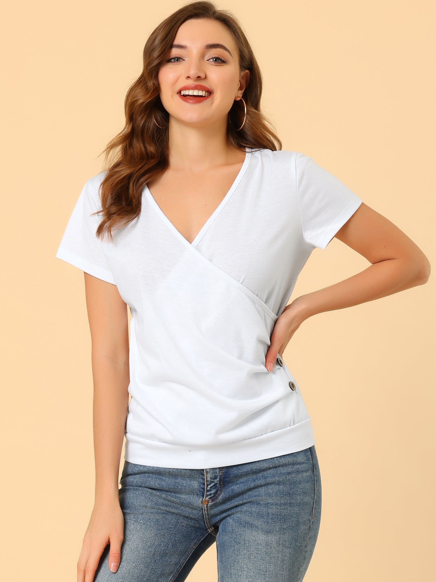 Wrap V Neck Short Sleeve Button Decor Ruched Top