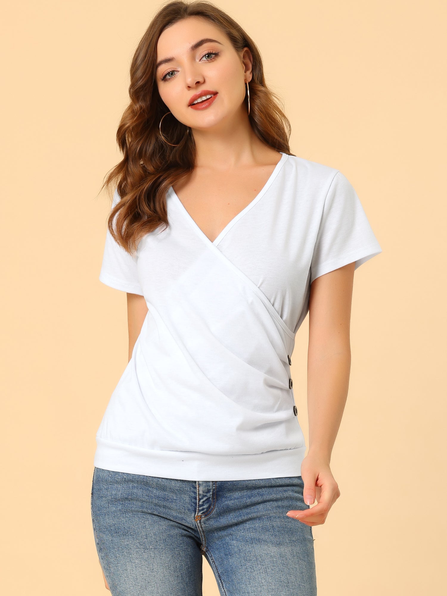 Wrap V Neck Short Sleeve Button Decor Ruched Top