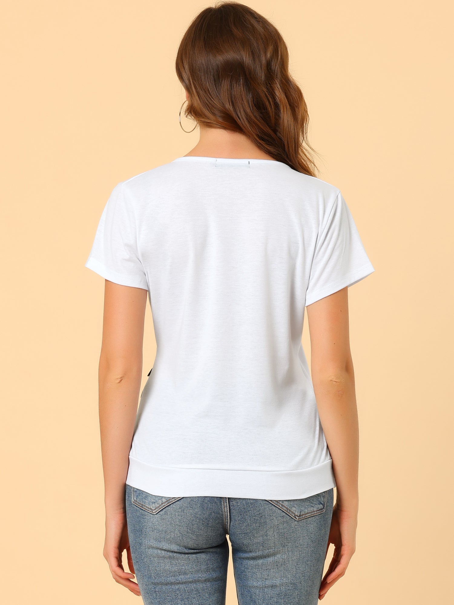 Wrap V Neck Short Sleeve Button Decor Ruched Top