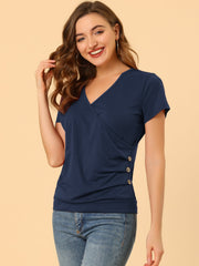 Wrap V Neck Short Sleeve Button Decor Ruched Top