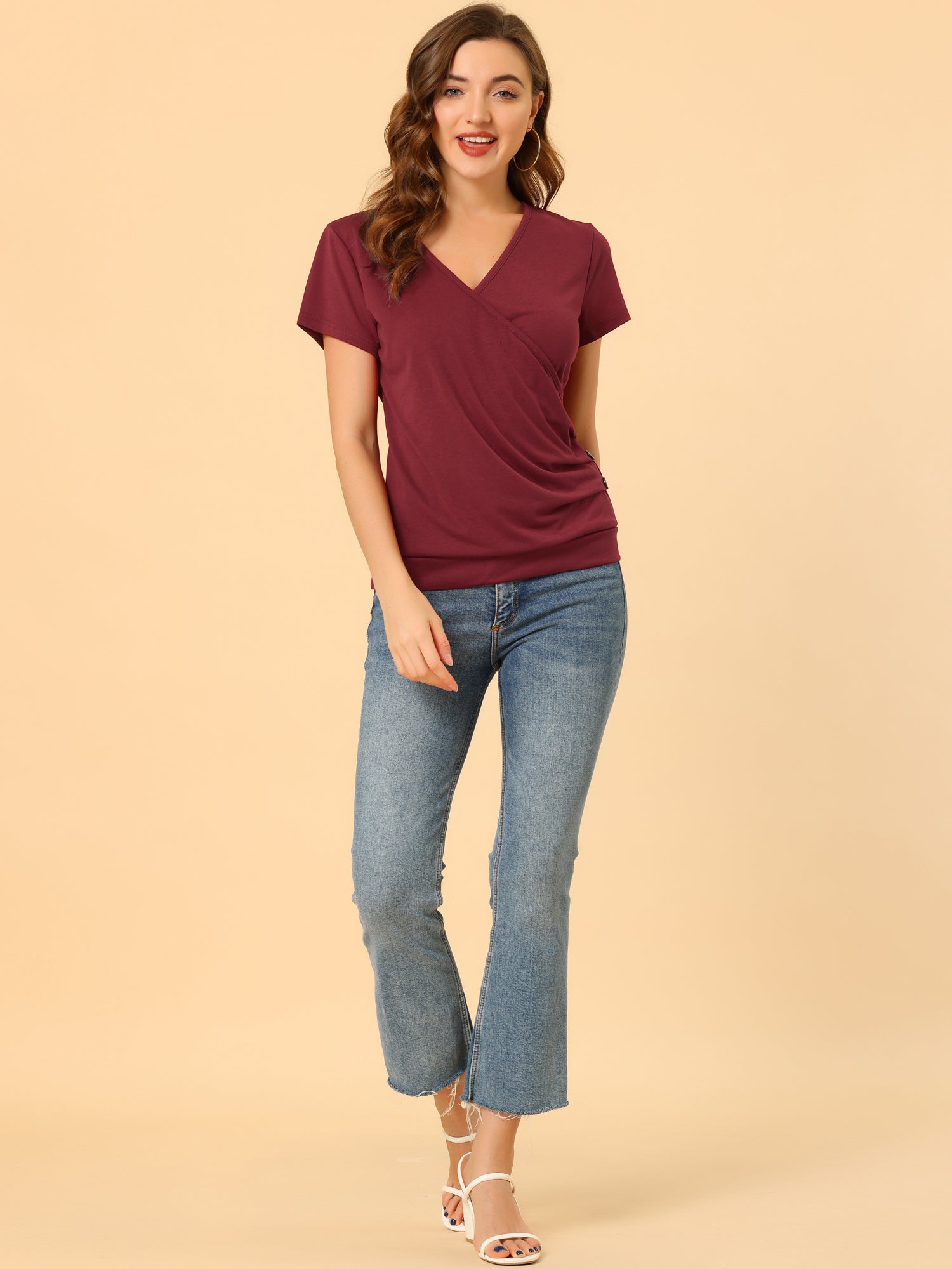 Wrap V Neck Short Sleeve Button Decor Ruched Top