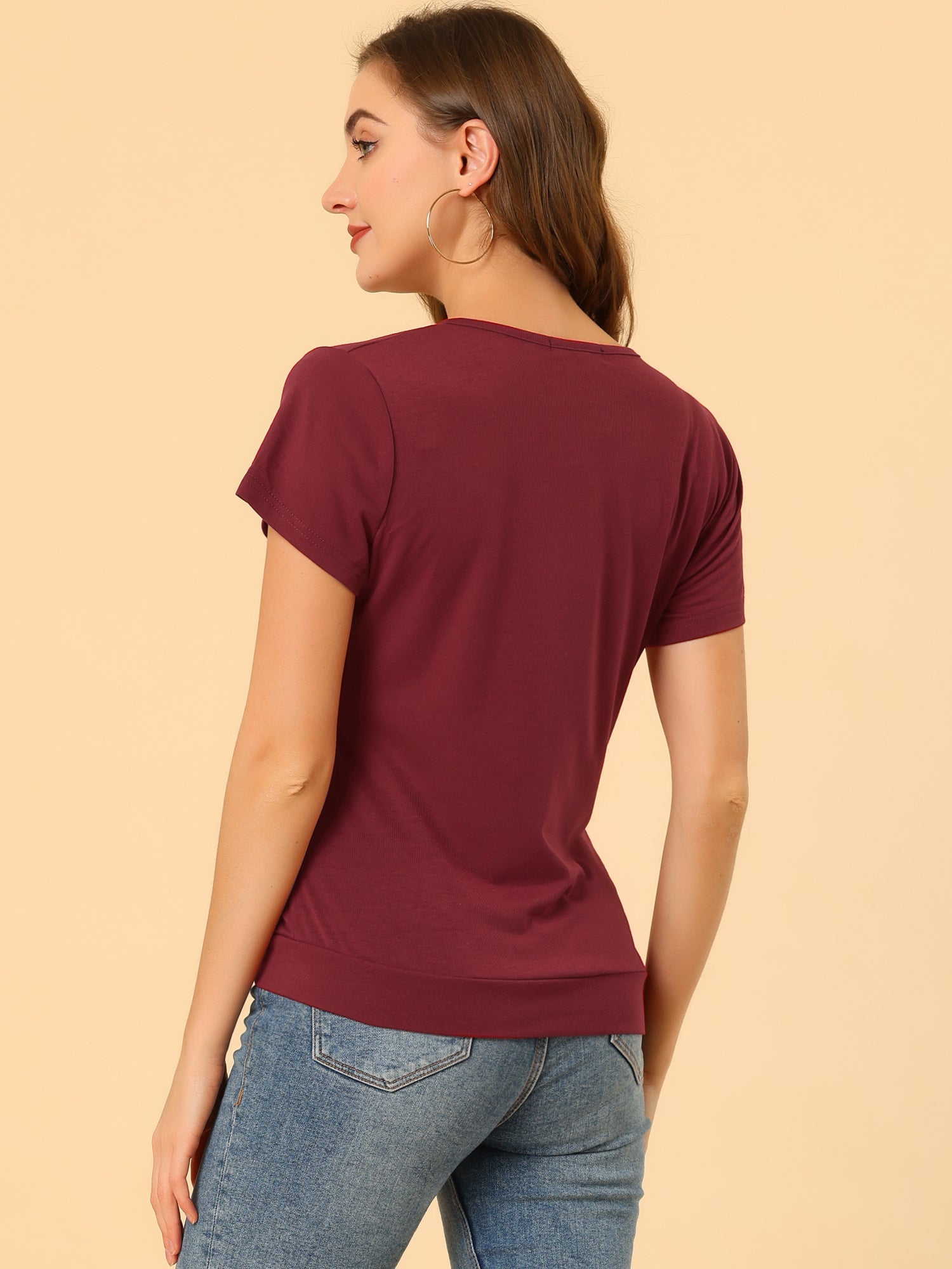 Wrap V Neck Short Sleeve Button Decor Ruched Top