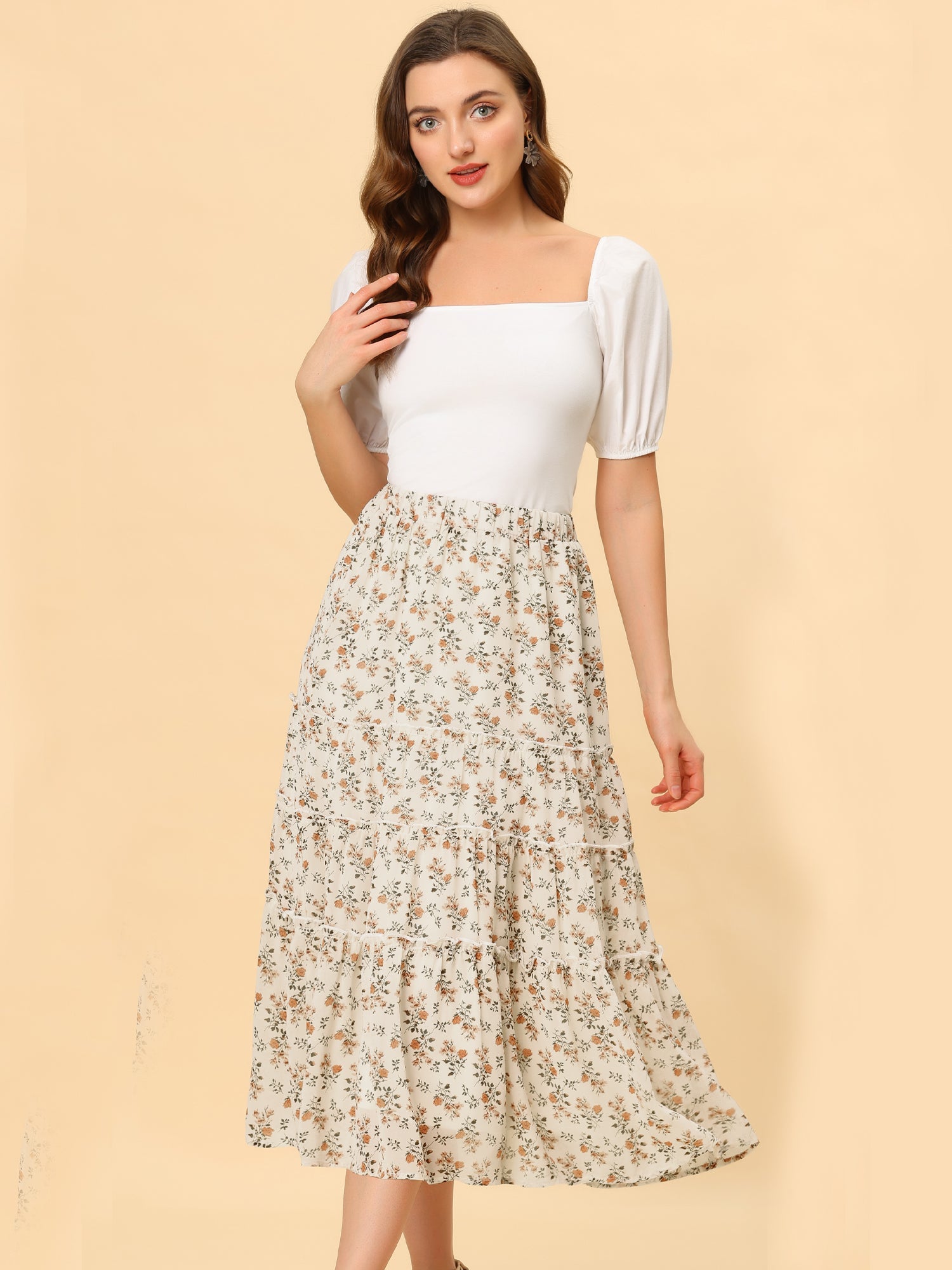 Ruffle Boho Chiffon Floral Printed Long Tiered Midi Skirt