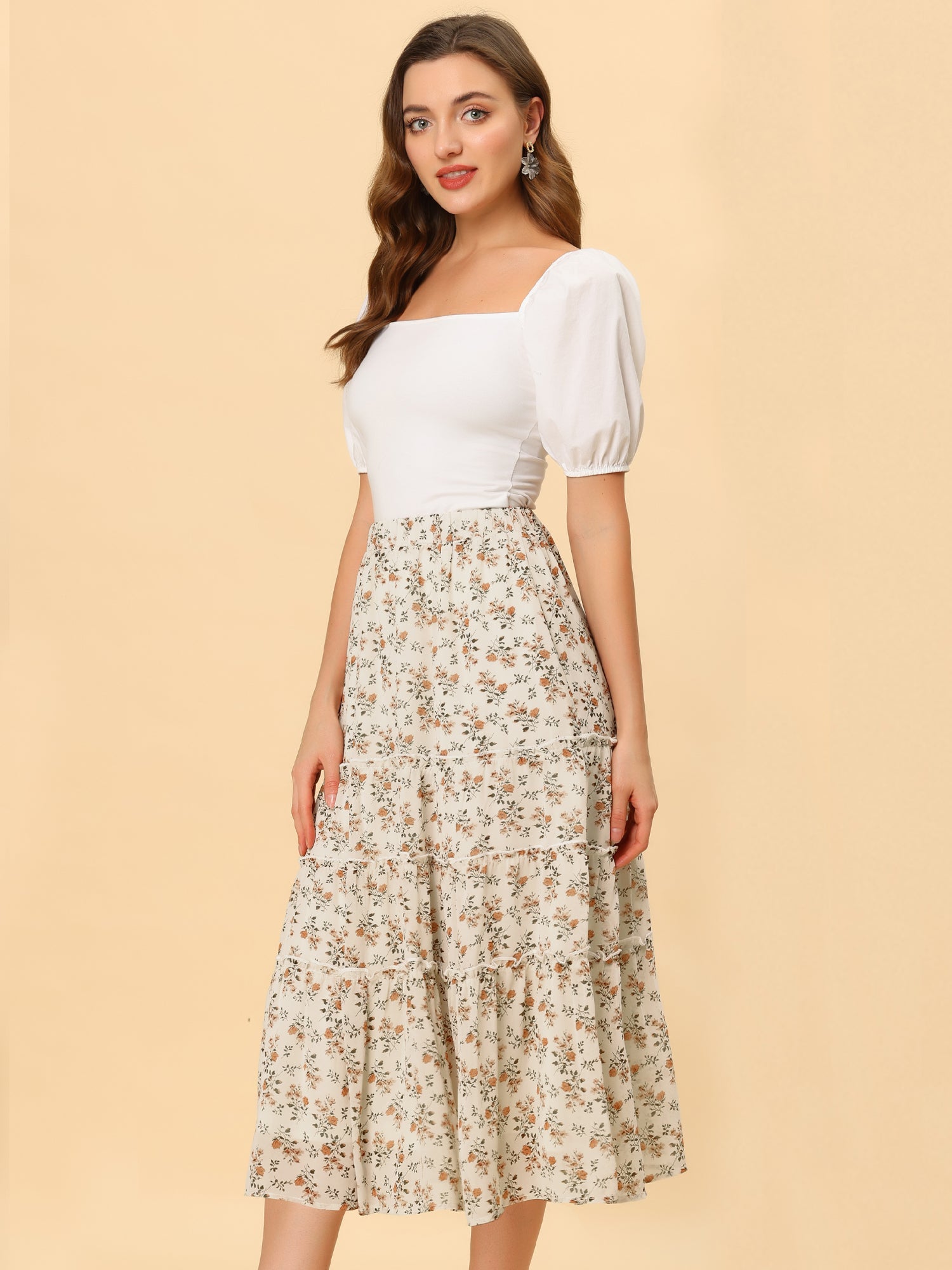 Ruffle Boho Chiffon Floral Printed Long Tiered Midi Skirt