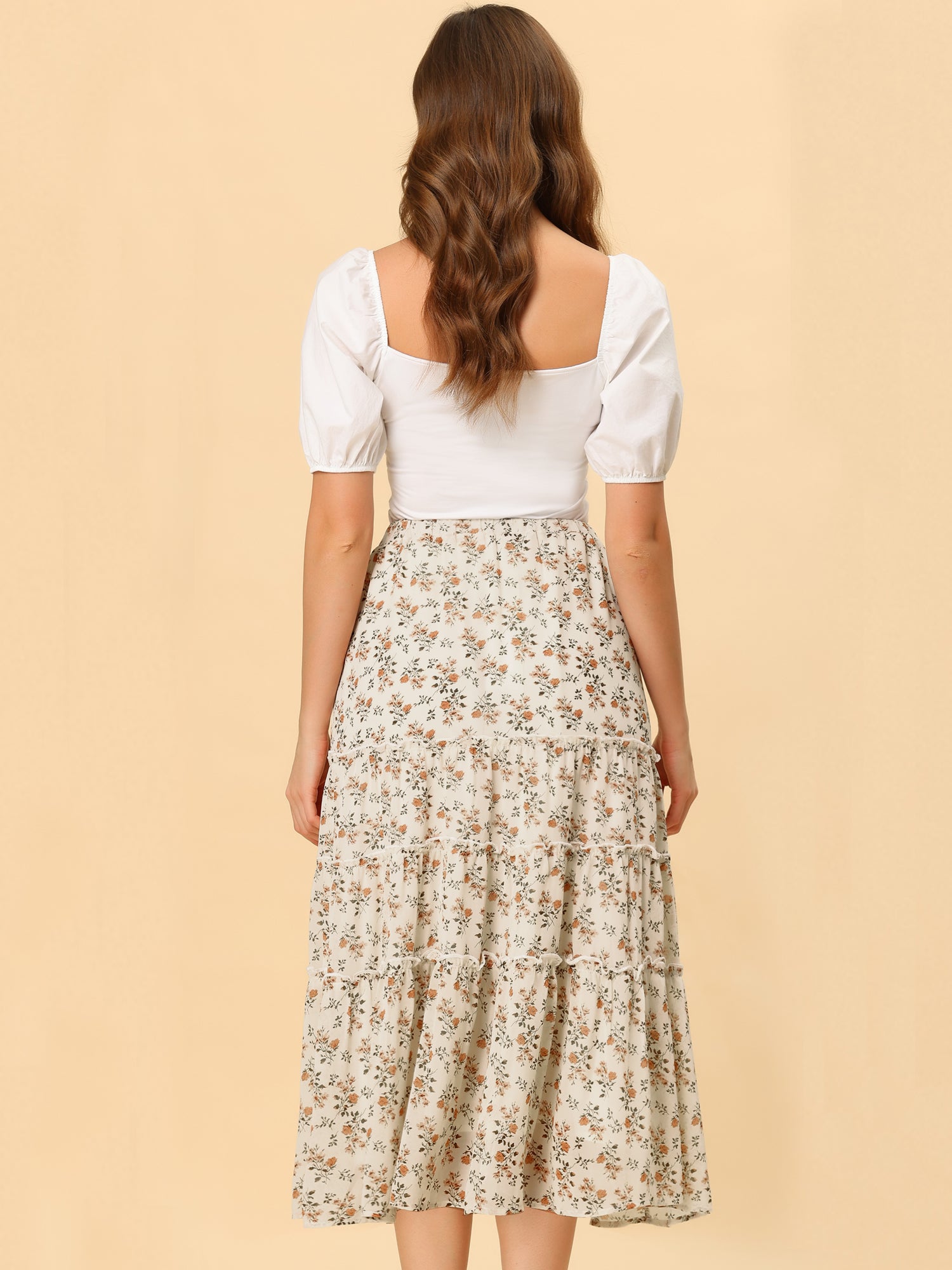 Ruffle Boho Chiffon Floral Printed Long Tiered Midi Skirt