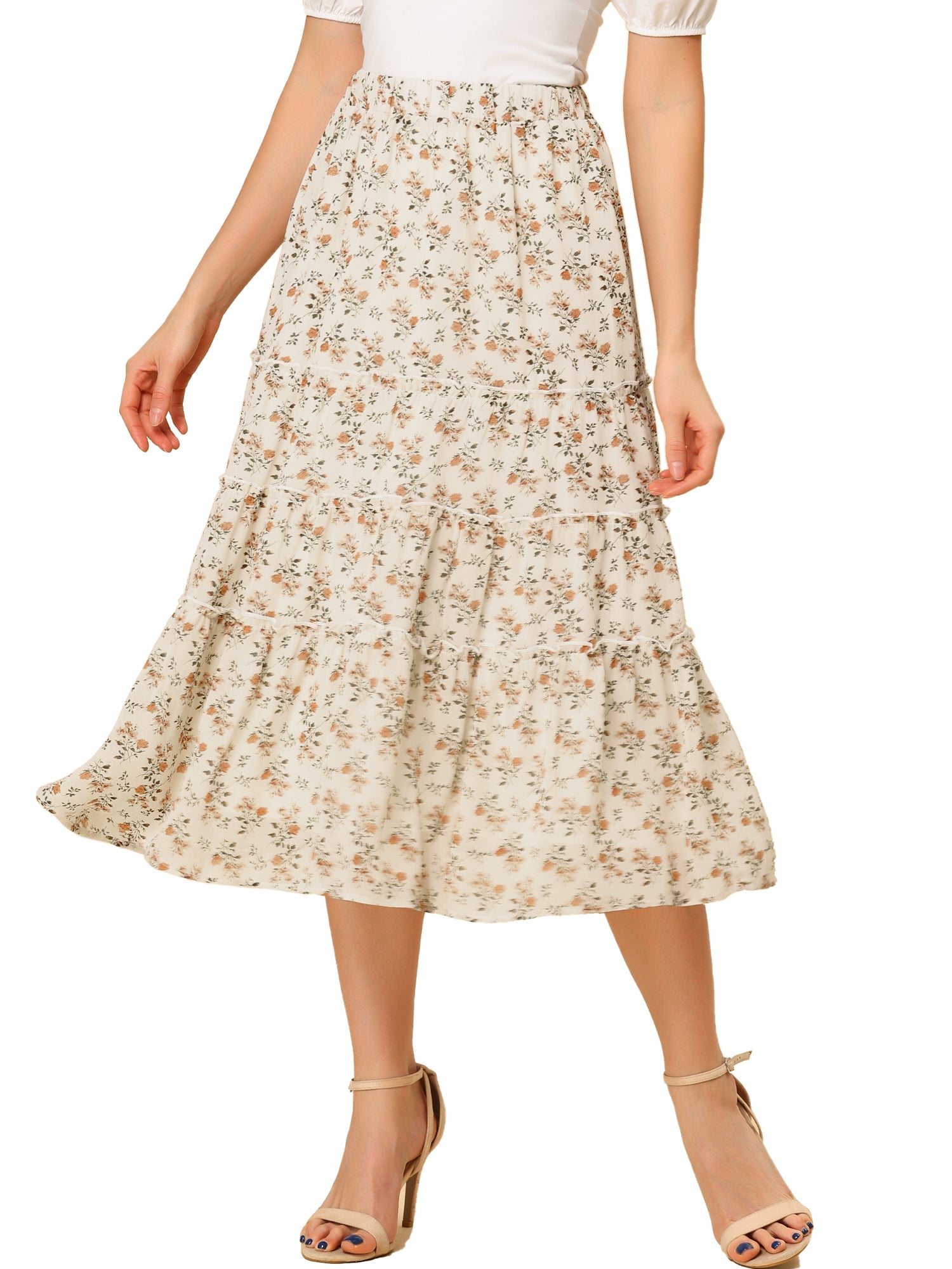 Ruffle Boho Chiffon Floral Printed Long Tiered Midi Skirt