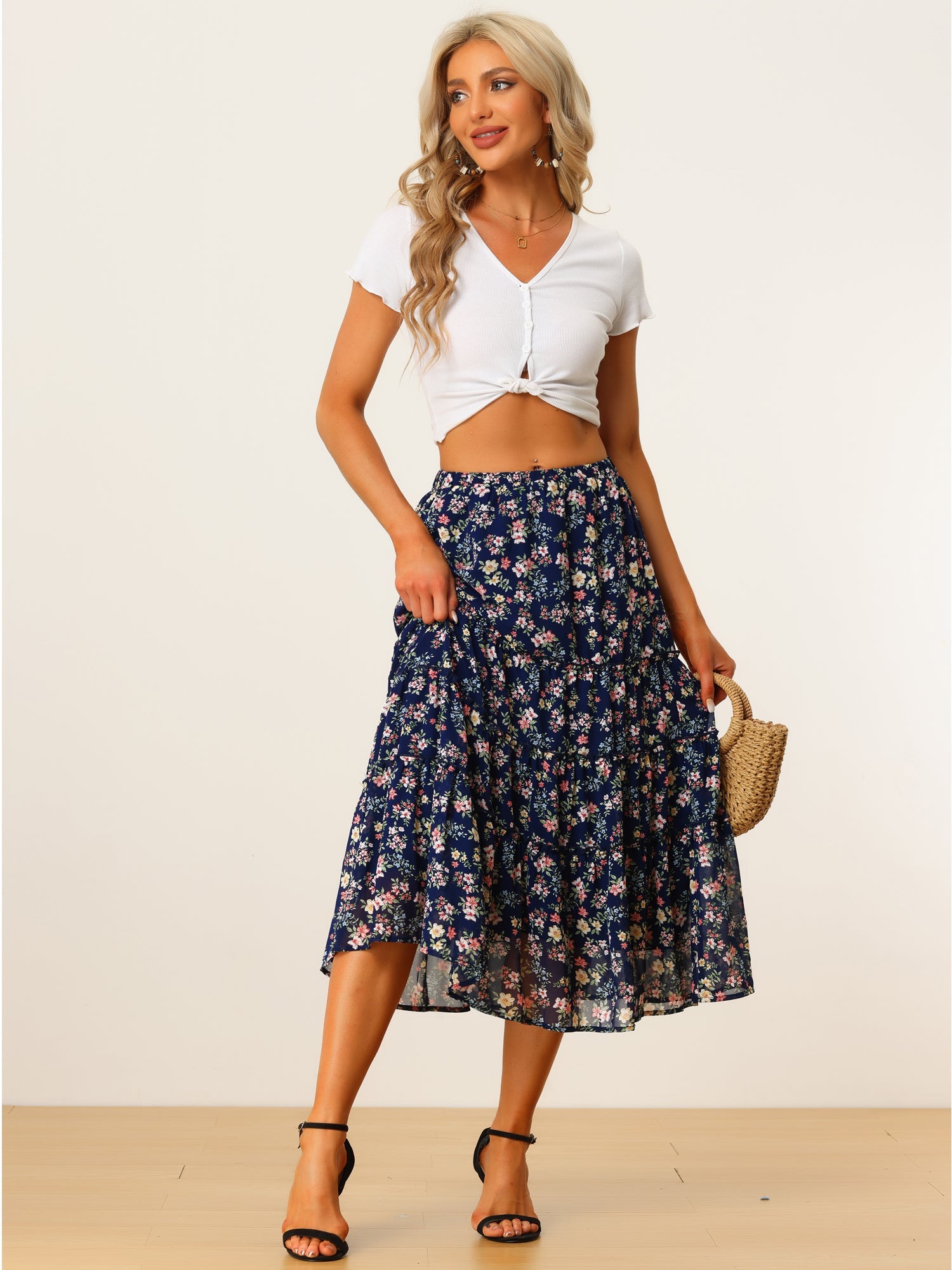 Ruffle Boho Chiffon Floral Printed Long Tiered Midi Skirt