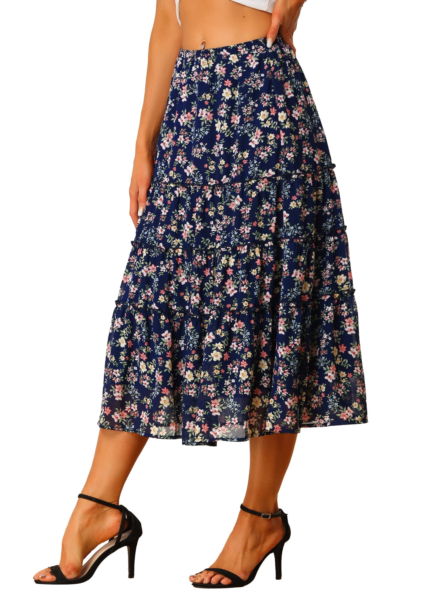 Ruffle Boho Chiffon Floral Printed Long Tiered Midi Skirt