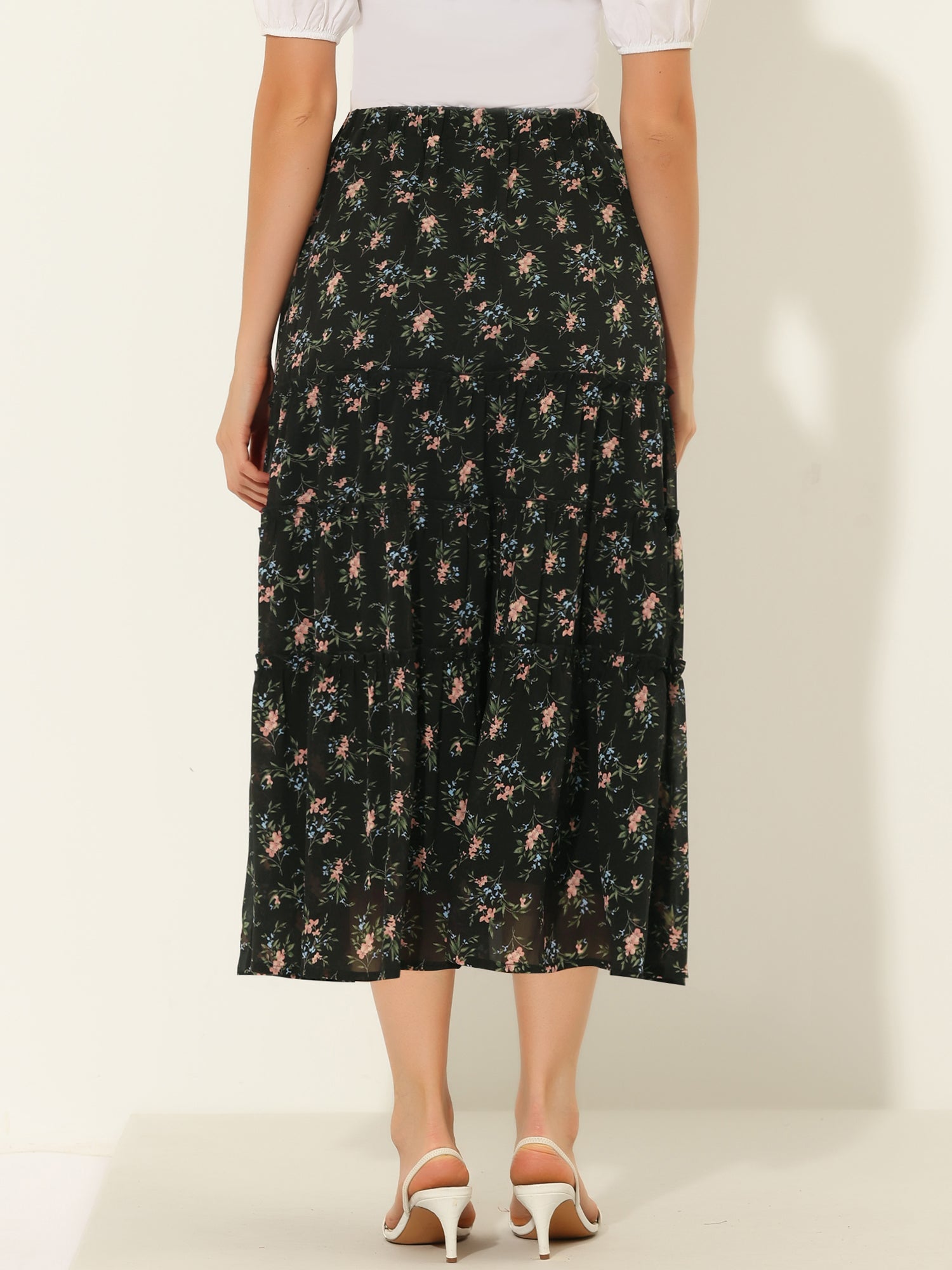Ruffle Boho Chiffon Floral Printed Long Tiered Midi Skirt