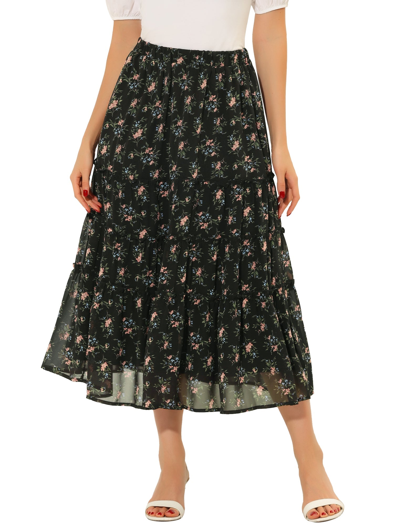 Ruffle Boho Chiffon Floral Printed Long Tiered Midi Skirt
