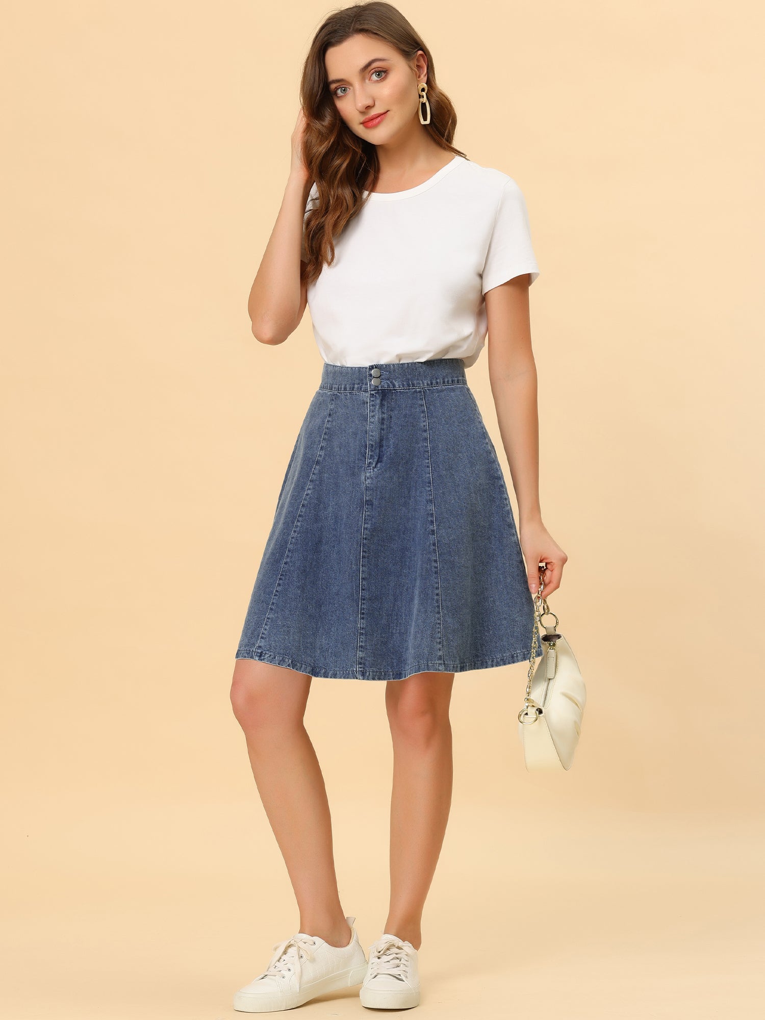 High Waisted A-Line Flared Casual Denim Midi Jean Skirt
