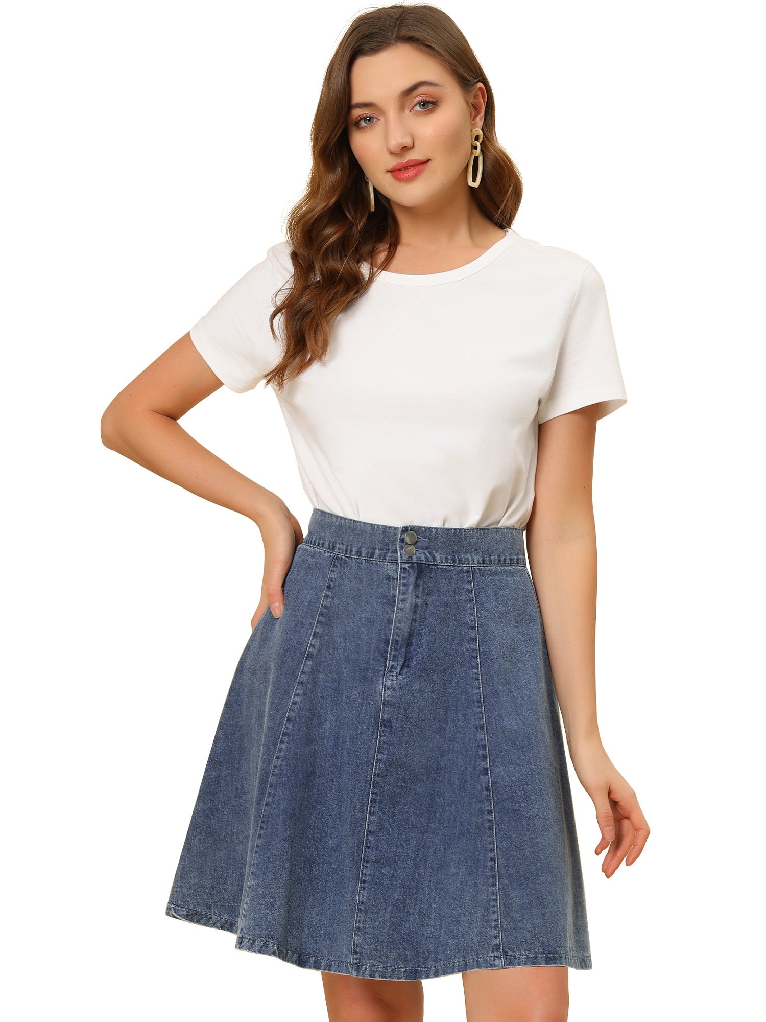 High Waisted A-Line Flared Casual Denim Midi Jean Skirt