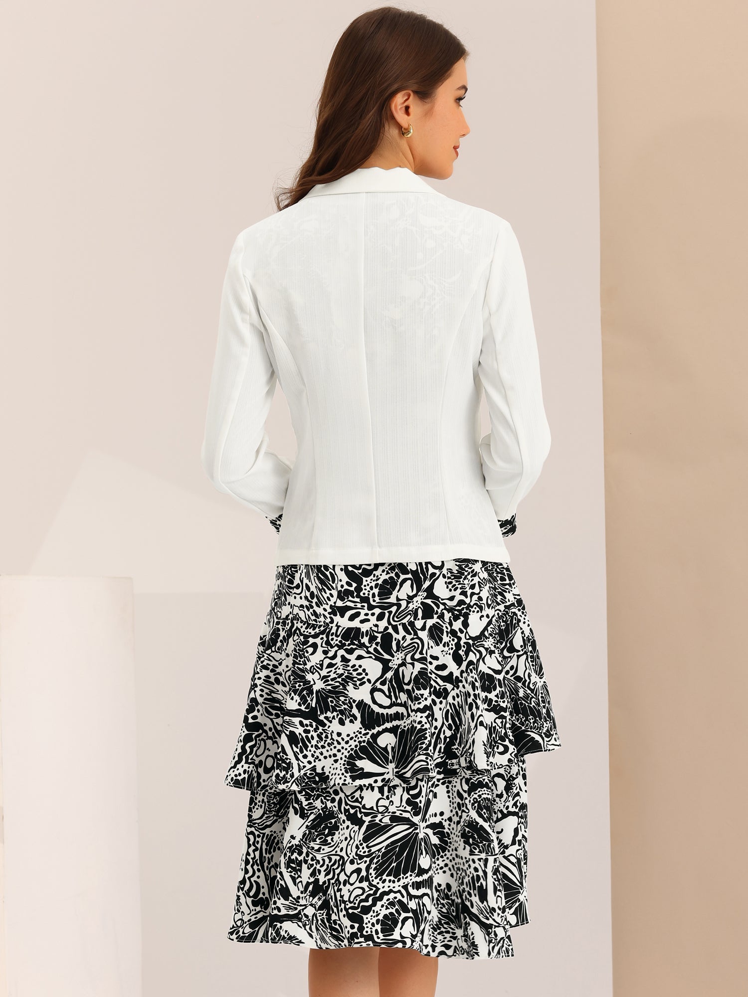 Work flower Print Contrast Panel 2pc Sets Chiffon V Neck Jacket Dress