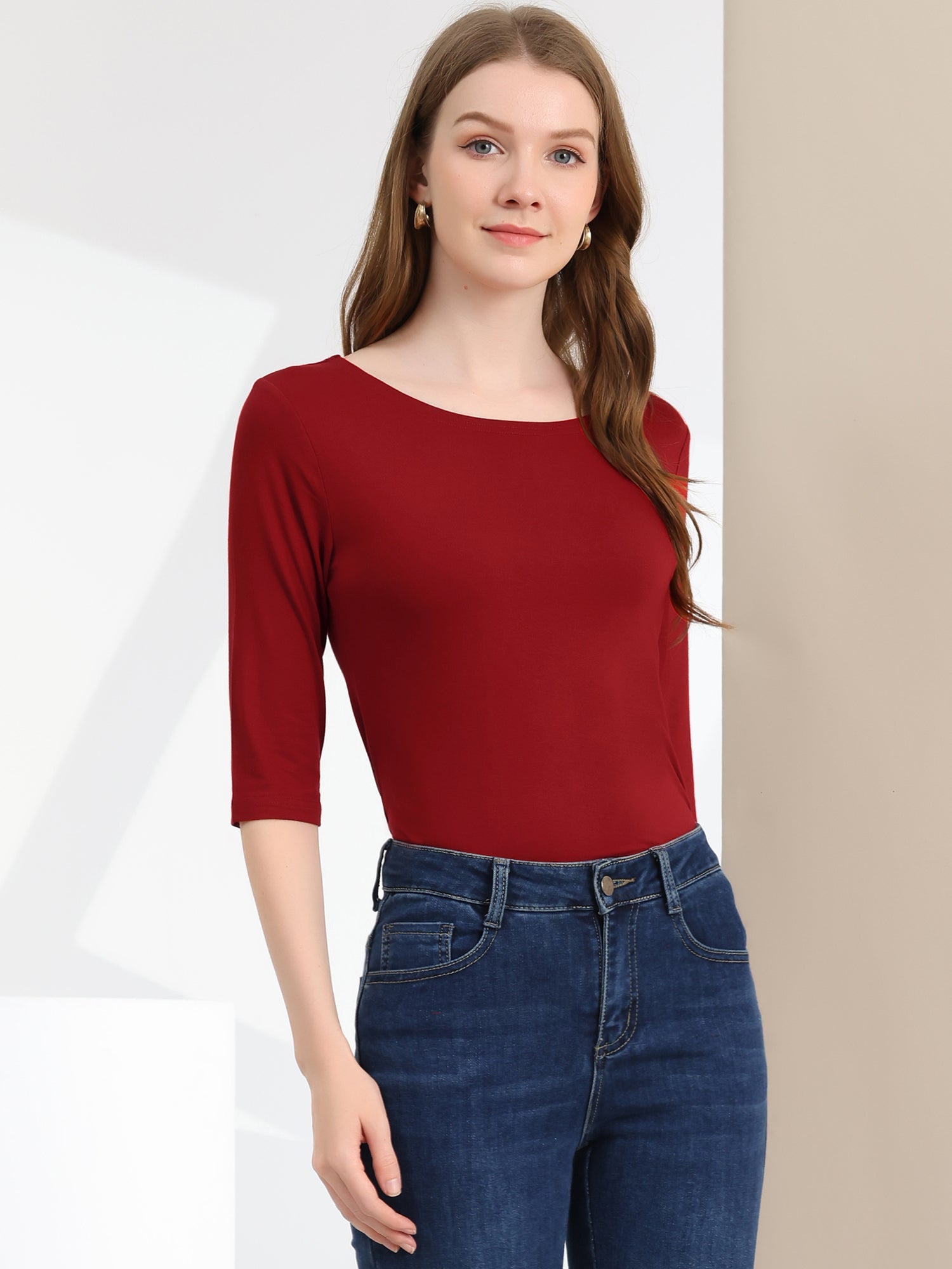 Casual Boat Neck 3/4 Sleeve Solid Basic T-shirt