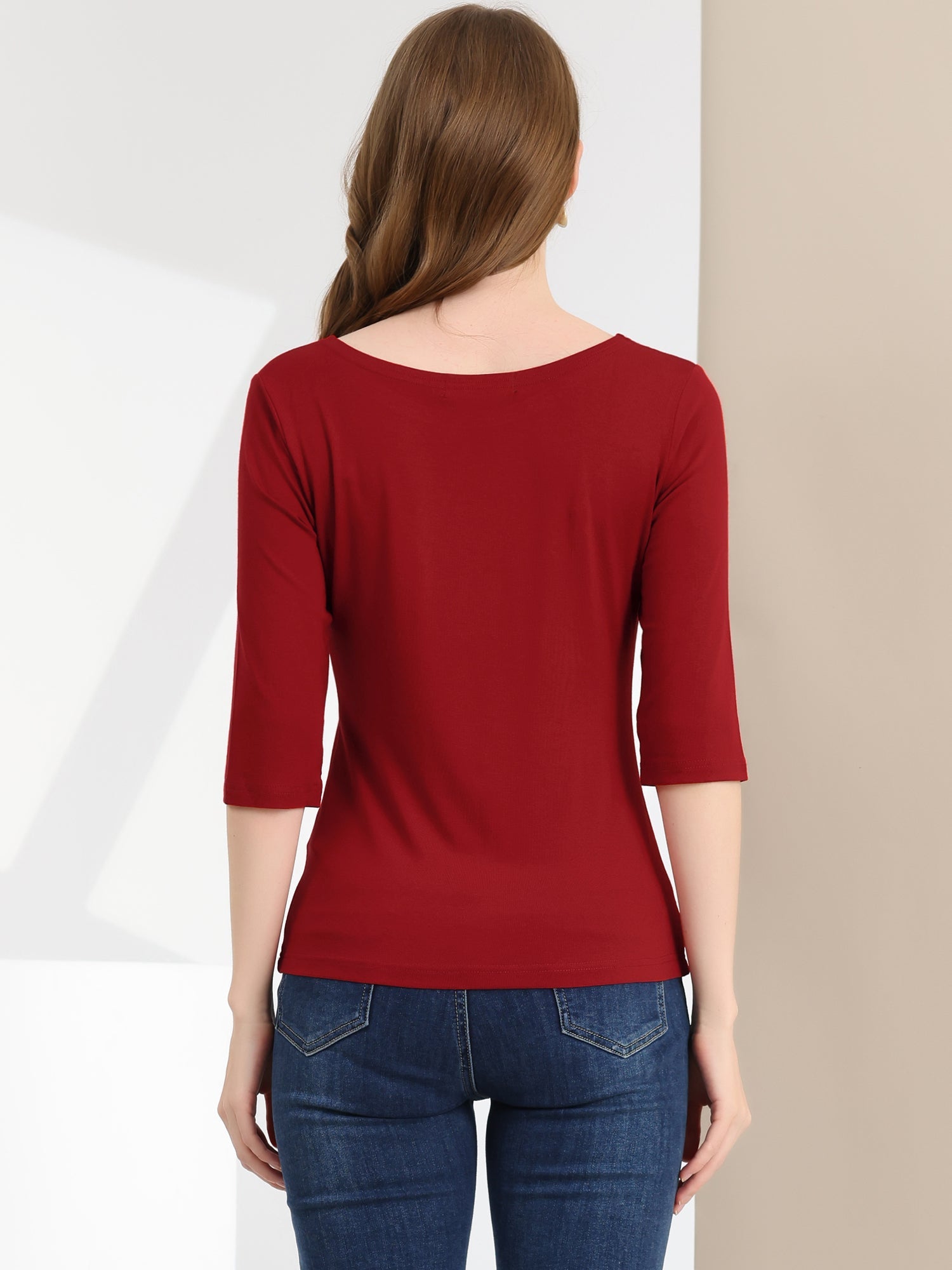 Casual Boat Neck 3/4 Sleeve Solid Basic T-shirt