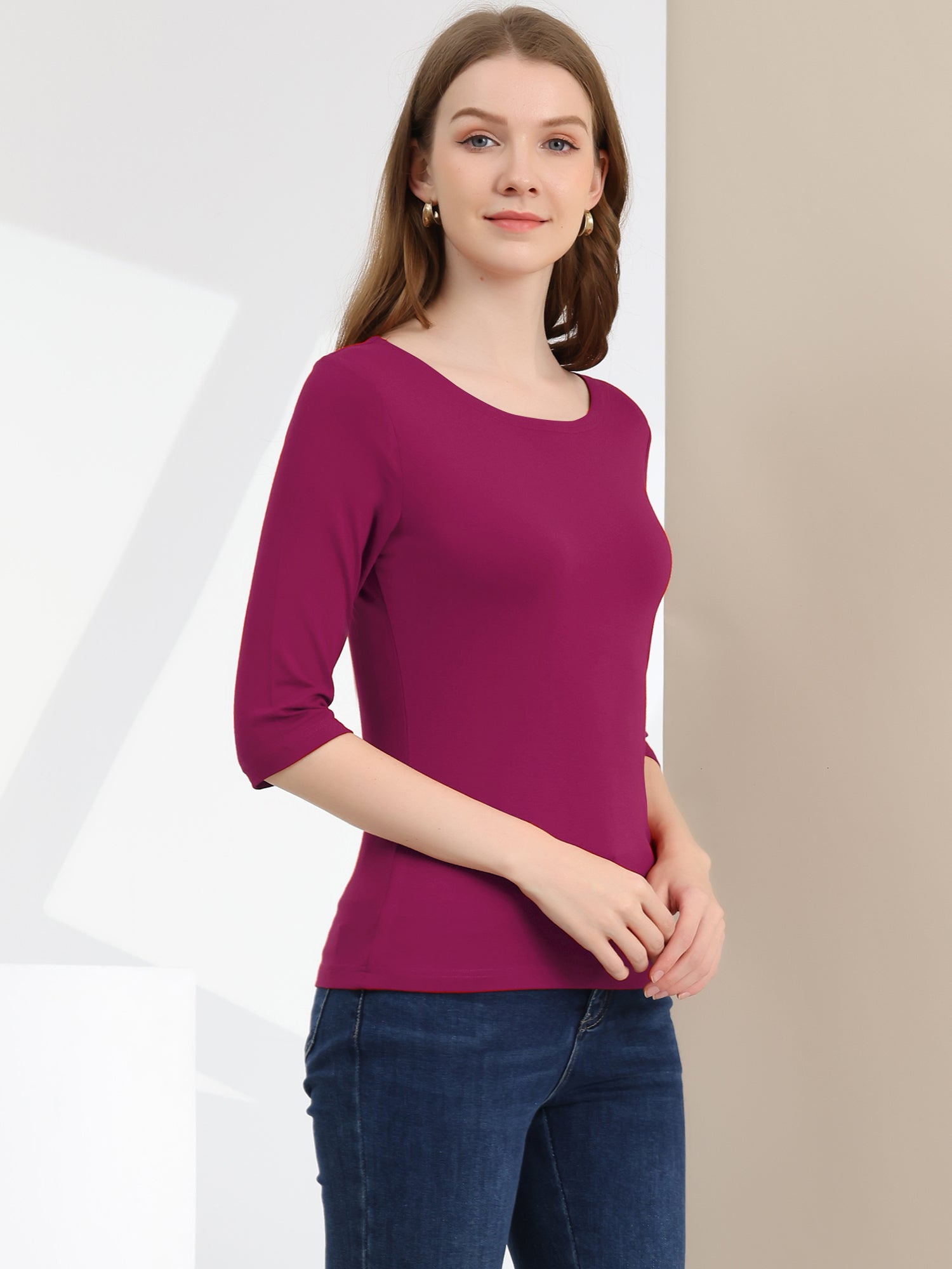 Casual Boat Neck 3/4 Sleeve Solid Basic T-shirt