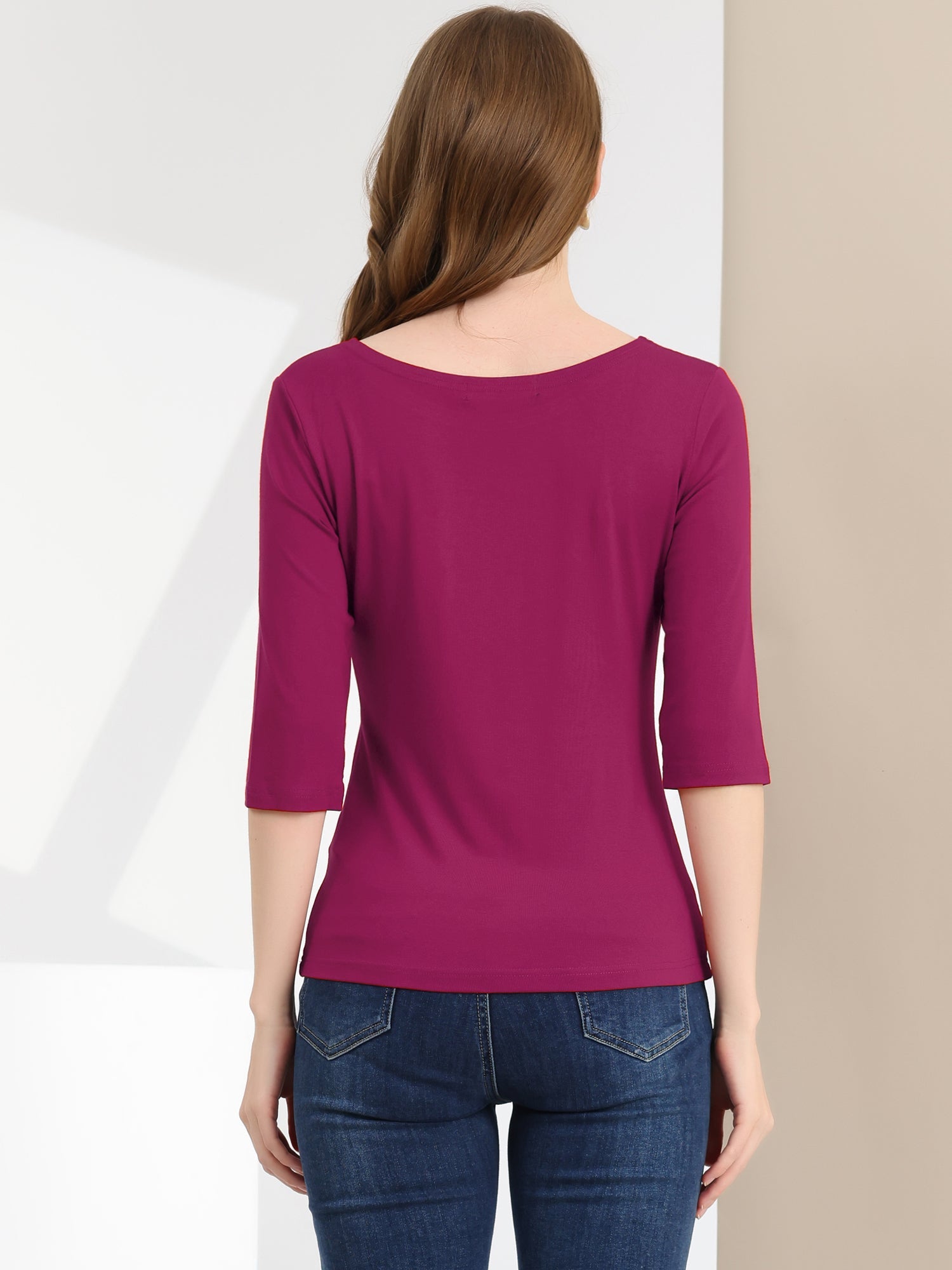 Casual Boat Neck 3/4 Sleeve Solid Basic T-shirt