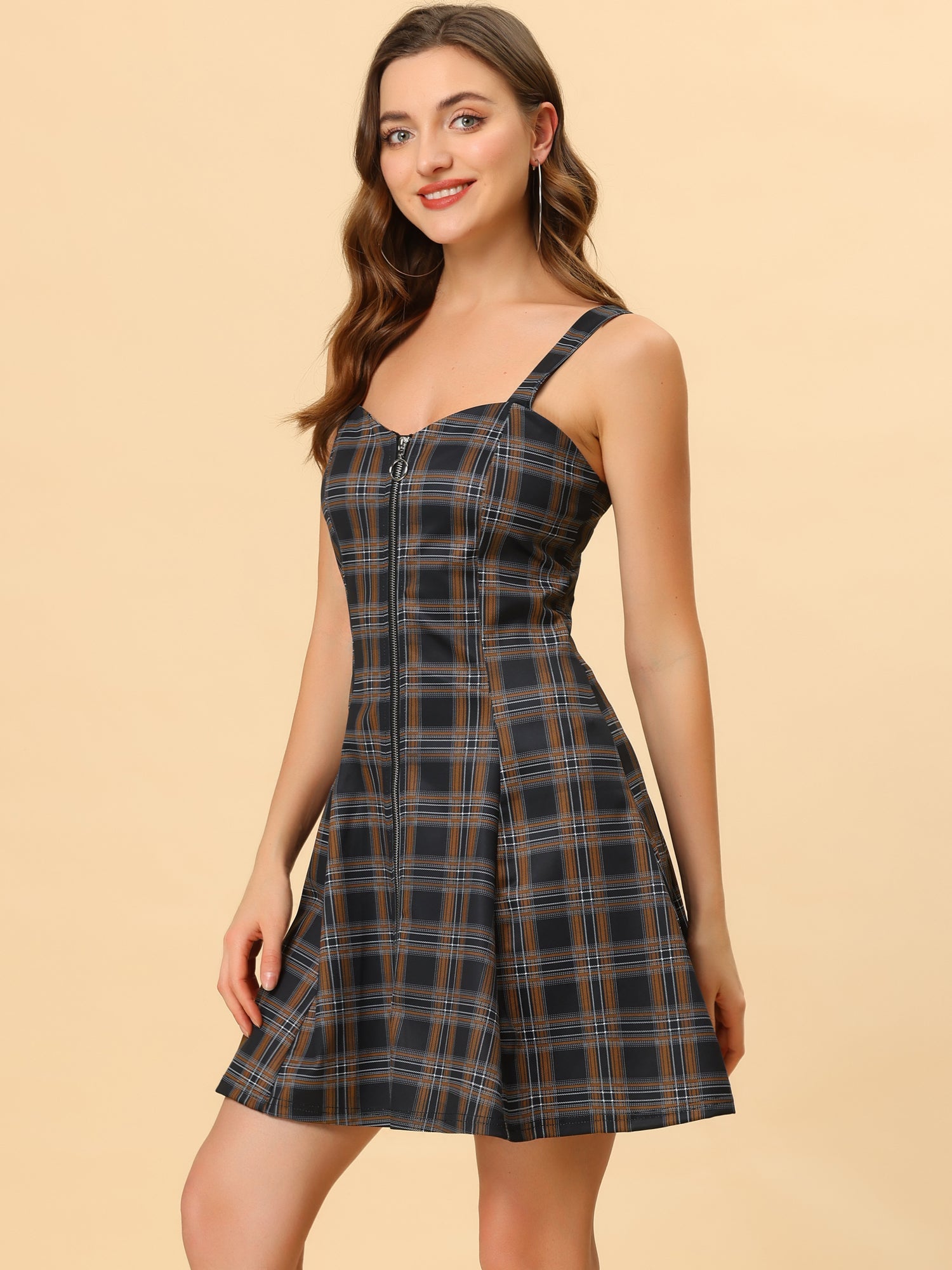 Plaid Zipper Front Party Strap Sleeveless Tube Mini A-Line Dress
