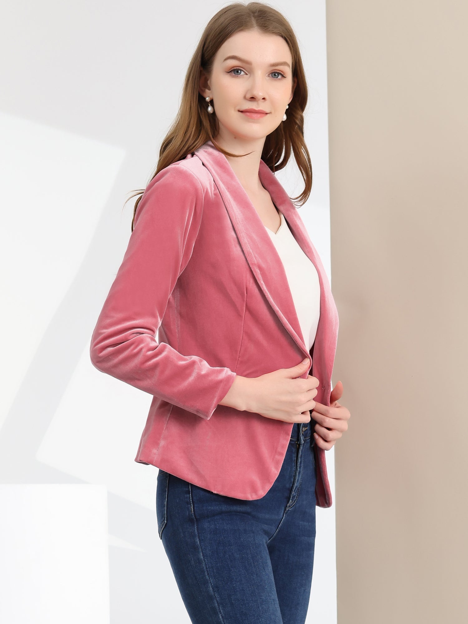 Shawl Collar Single Button Velvet Solid Office Work Jacket Blazer