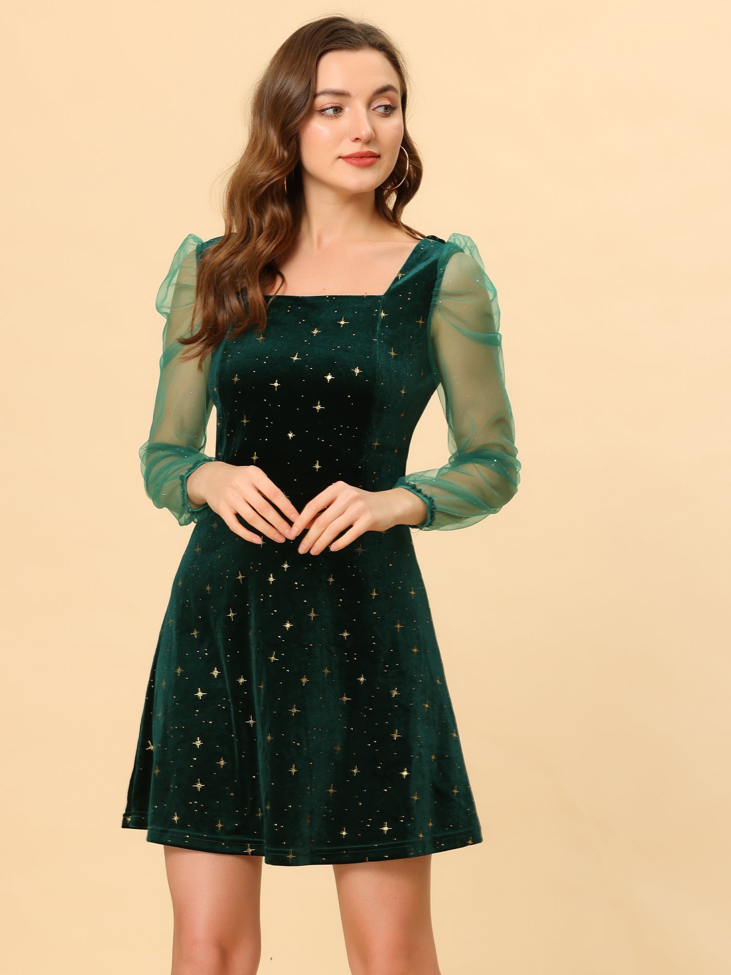 Sheer Puff Sleeve Square Neck Glitter Metallic Star Velvet Mini Dress