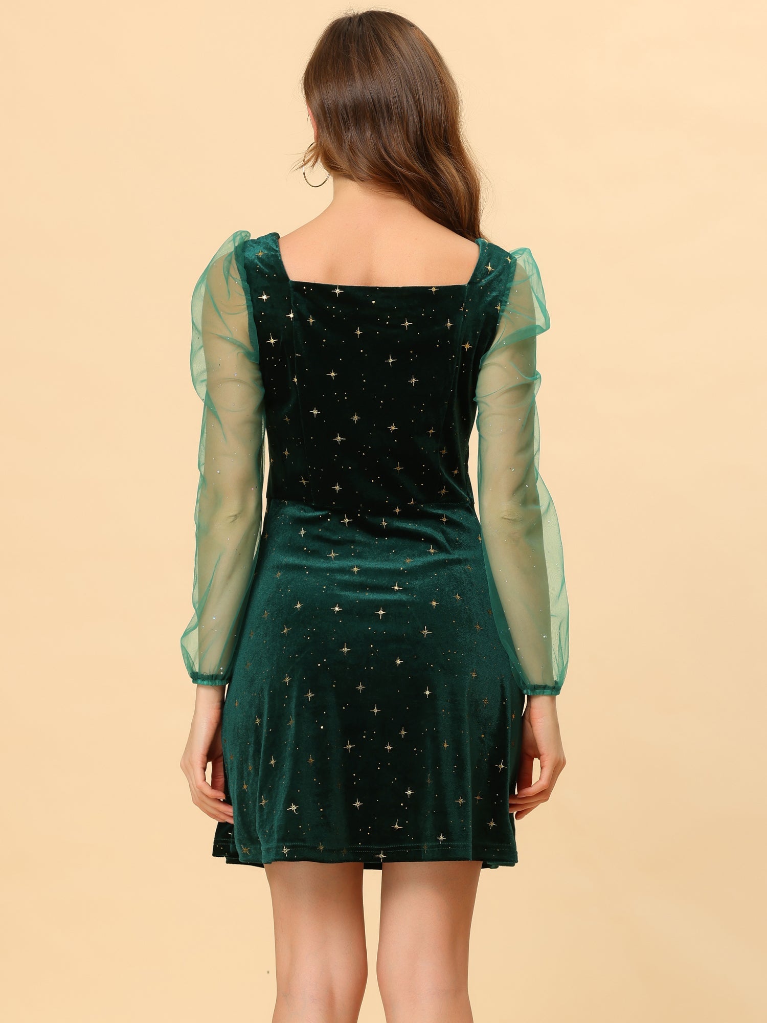 Sheer Puff Sleeve Square Neck Glitter Metallic Star Velvet Mini Dress