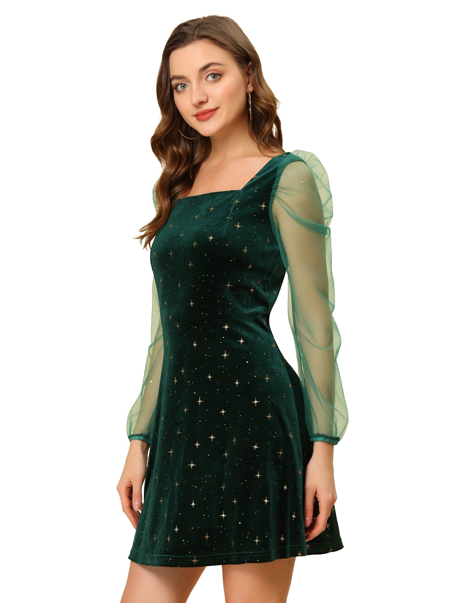 Sheer Puff Sleeve Square Neck Glitter Metallic Star Velvet Mini Dress