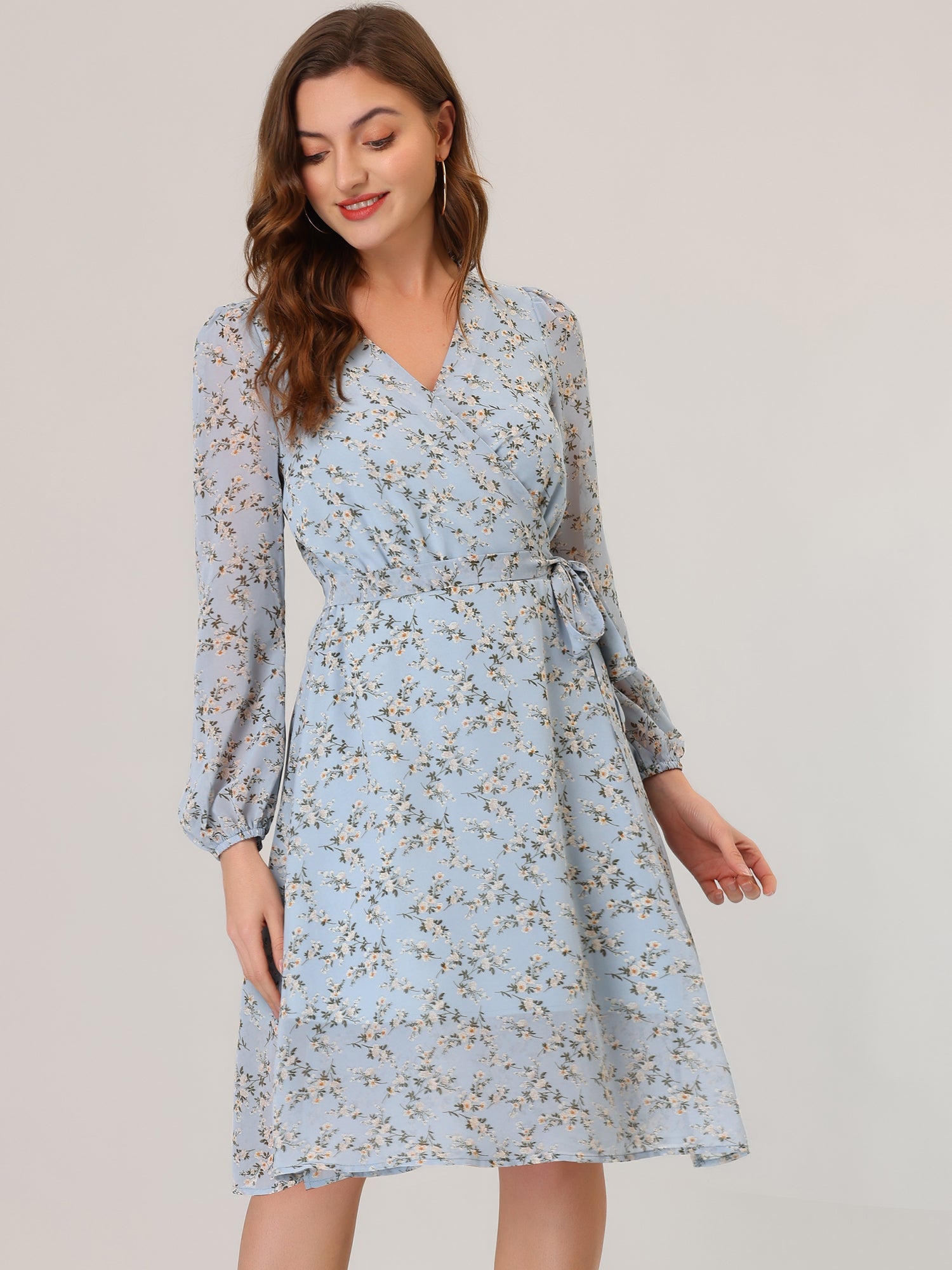 Chiffon Floral V Neck Tie Waist Bishop Sleeve Casual Wrap Midi Dress