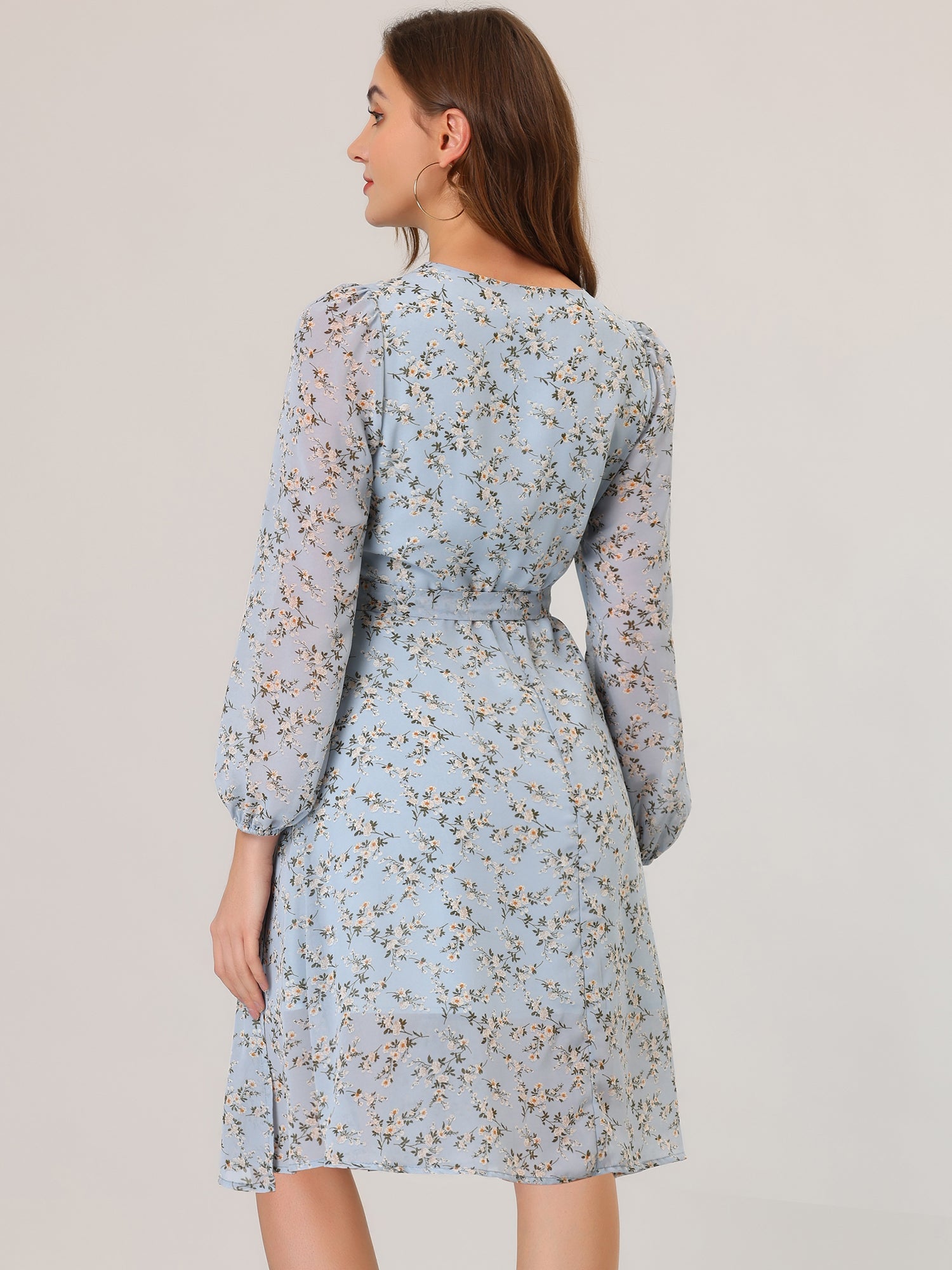 Chiffon Floral V Neck Tie Waist Bishop Sleeve Casual Wrap Midi Dress
