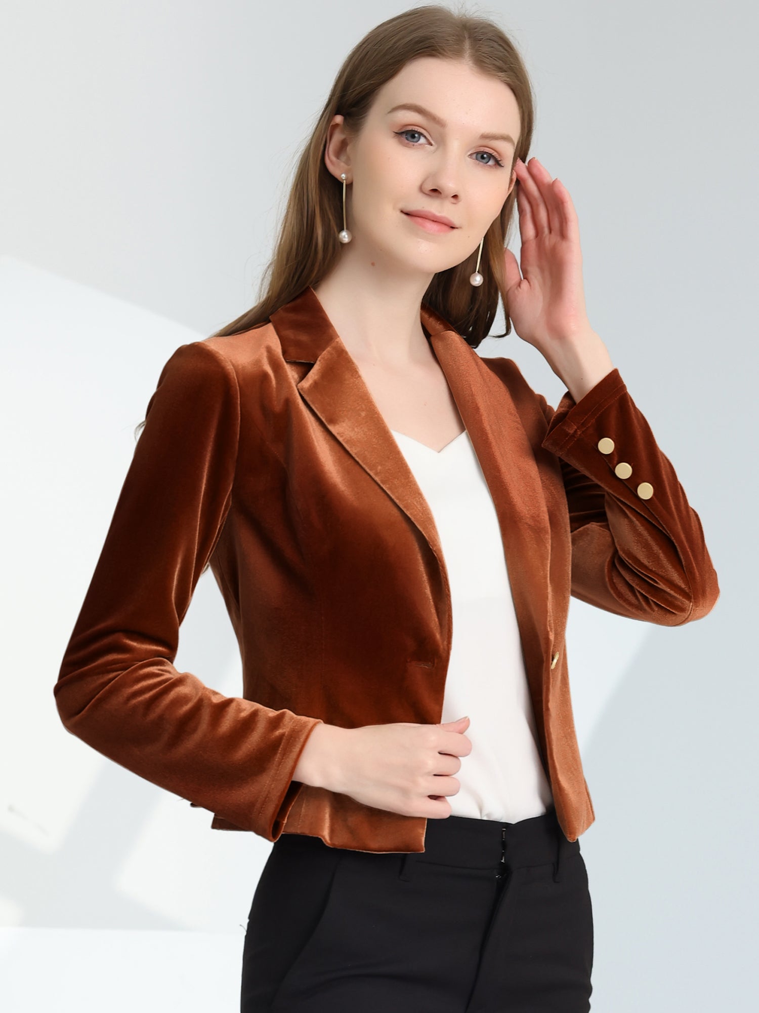 Single Button Velvet Lapel Business Crop Blazer Jacket