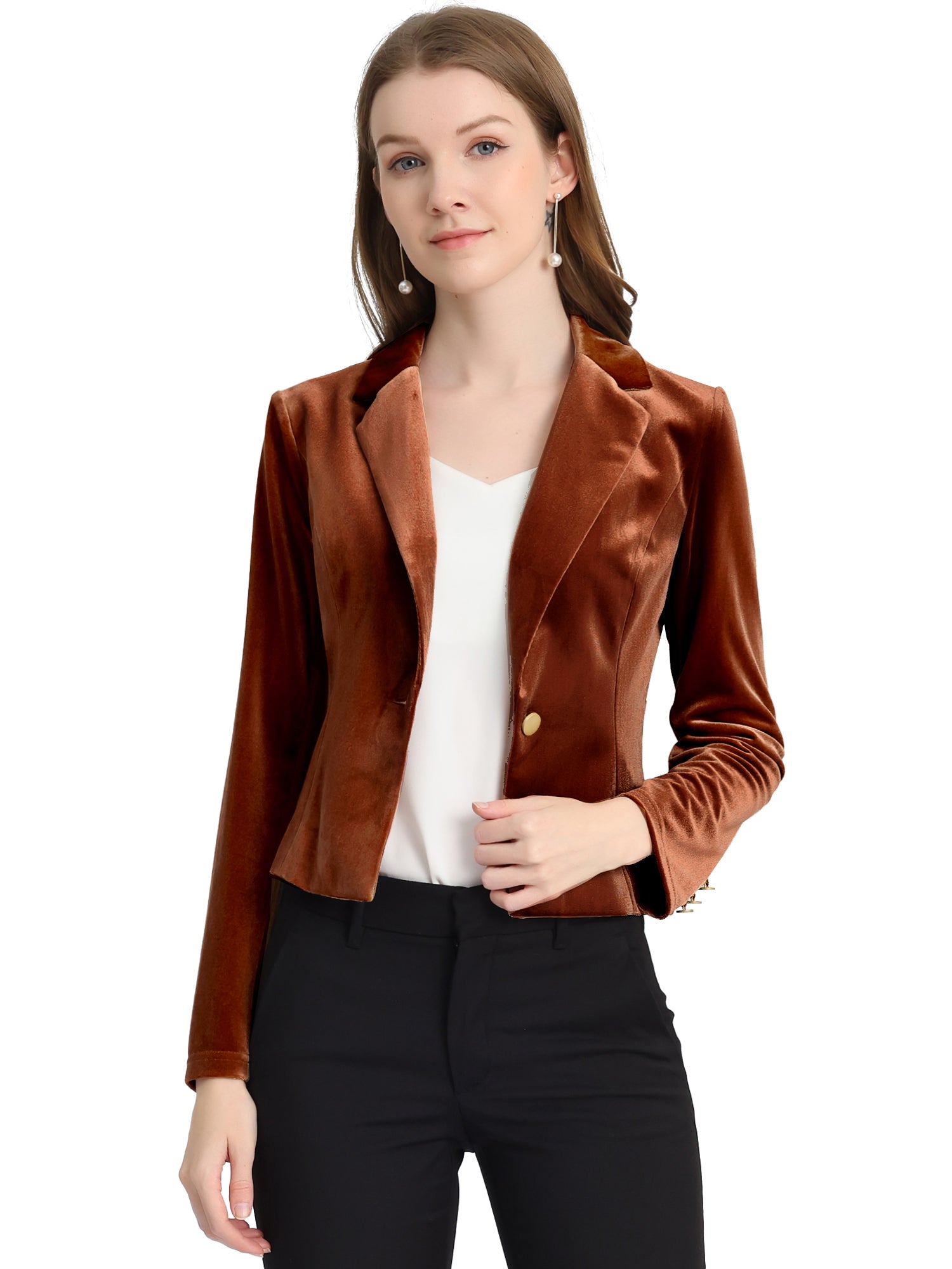 Single Button Velvet Lapel Business Crop Blazer Jacket