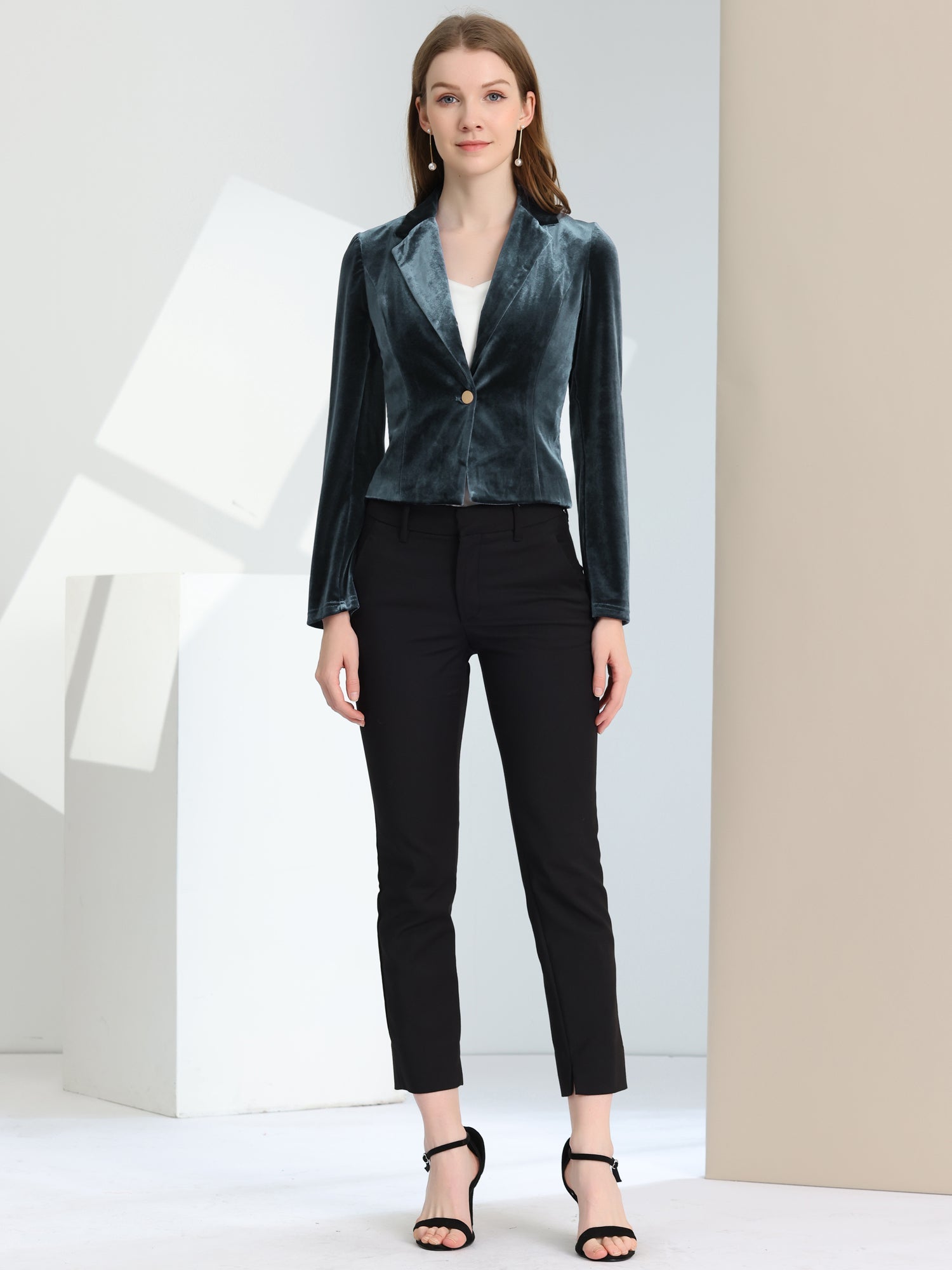 Single Button Velvet Lapel Business Crop Blazer Jacket