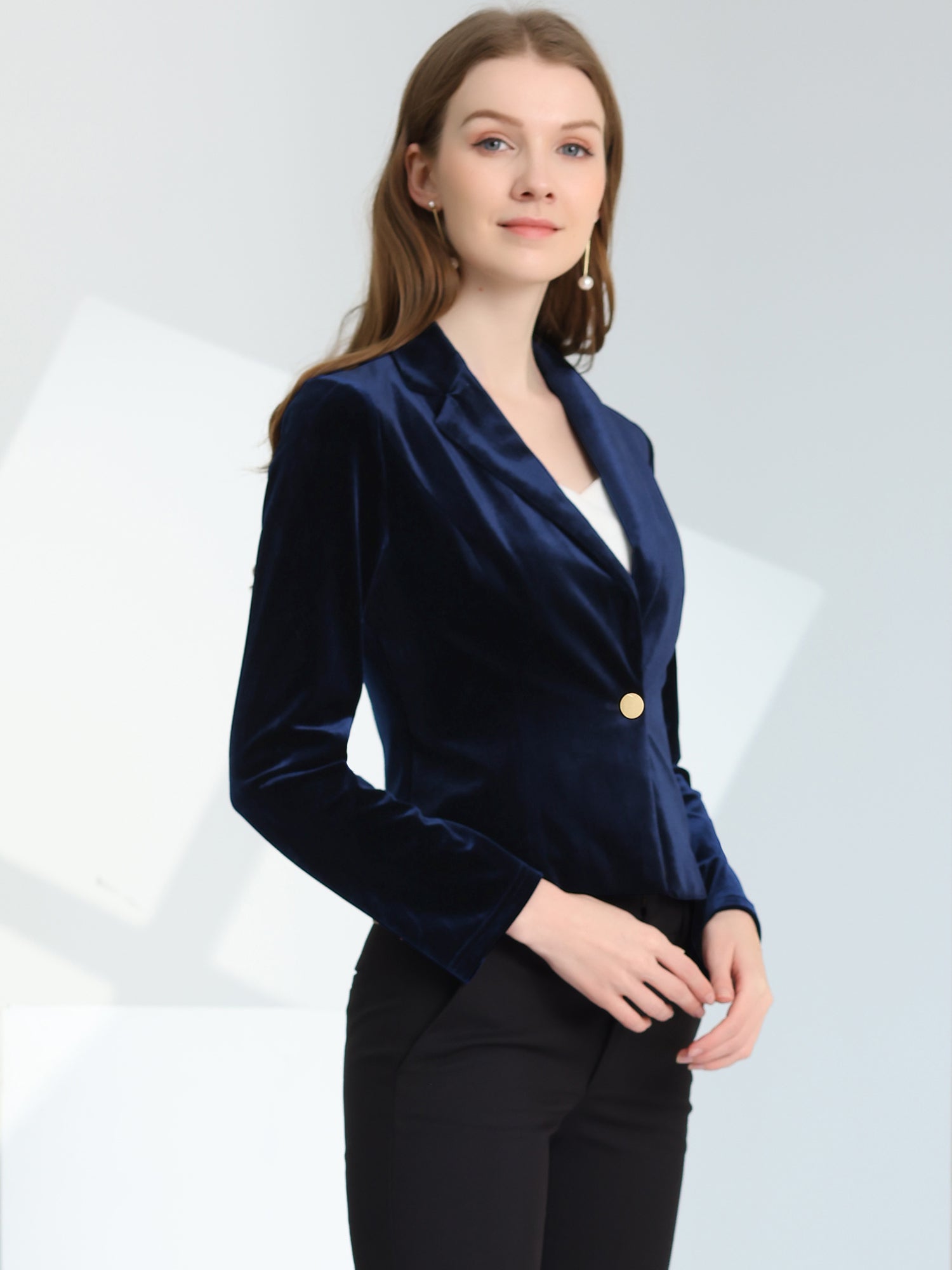 Single Button Velvet Lapel Business Crop Blazer Jacket