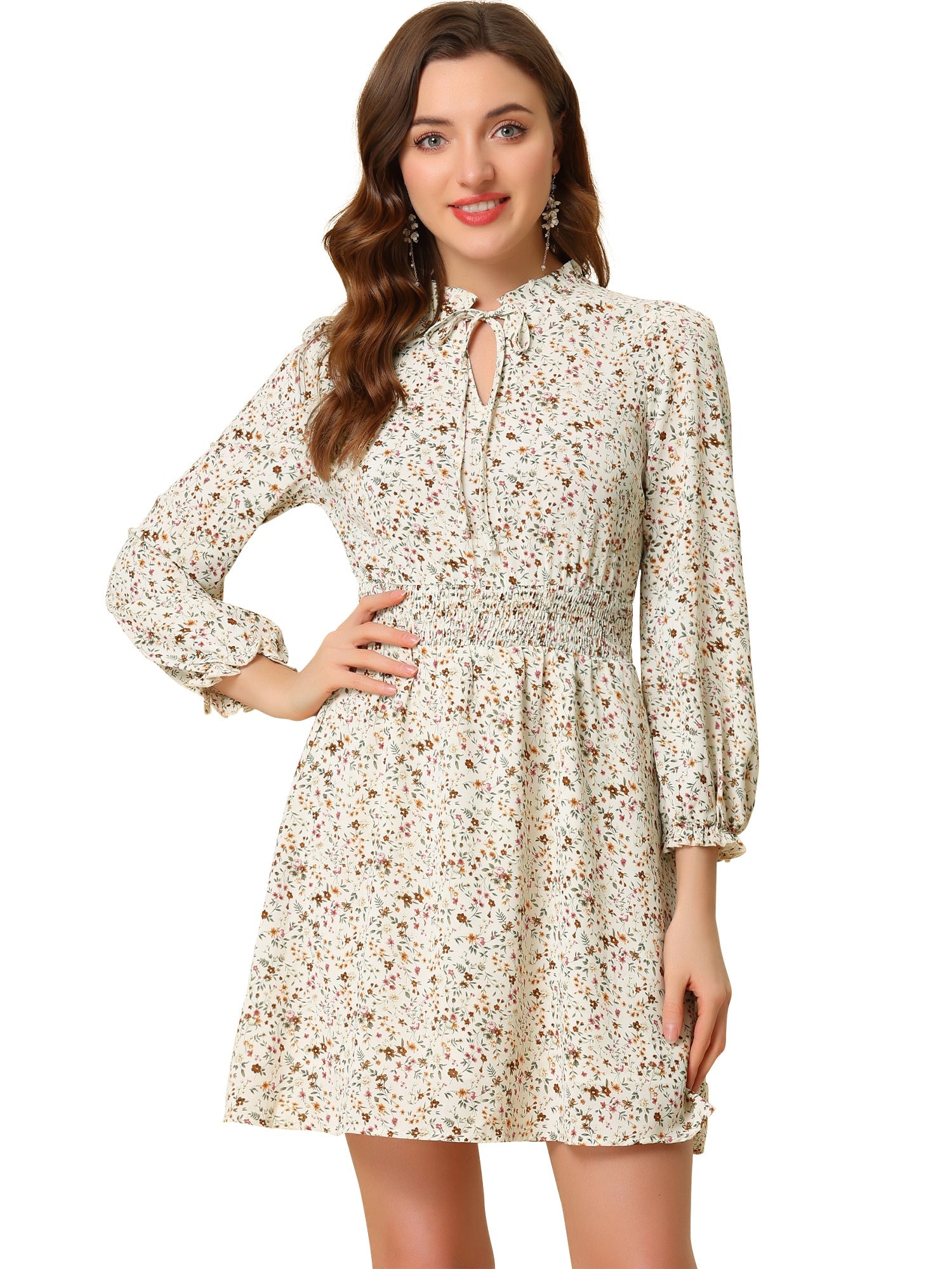 Smocked Waist Tie Neck Floral Long Sleeve Dress