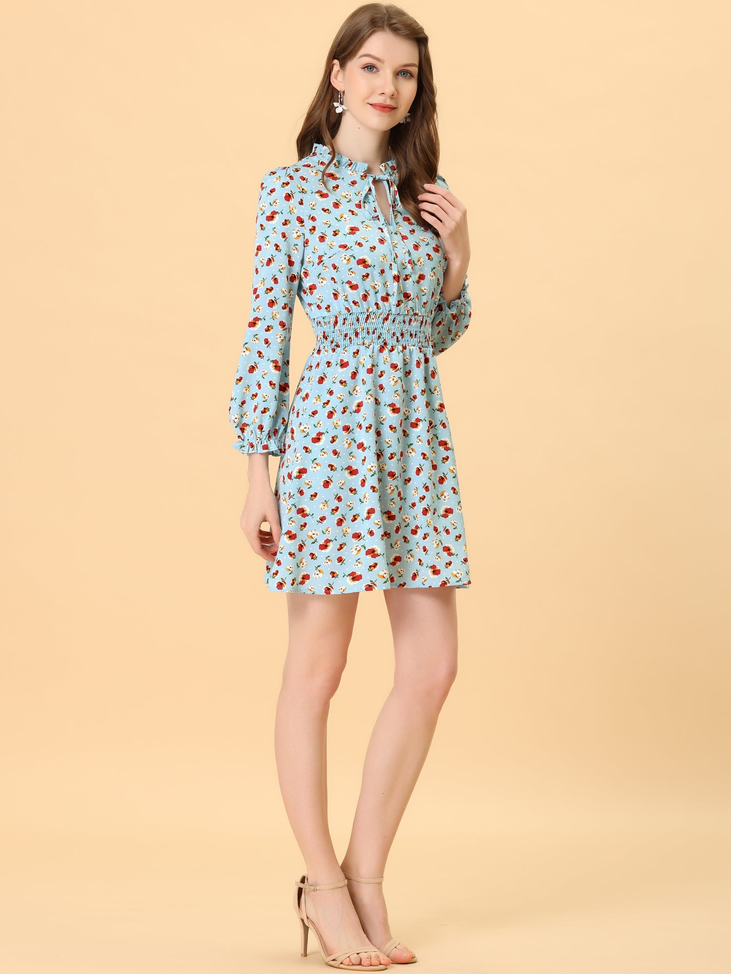 Smocked Waist Tie Neck Floral Long Sleeve Dress