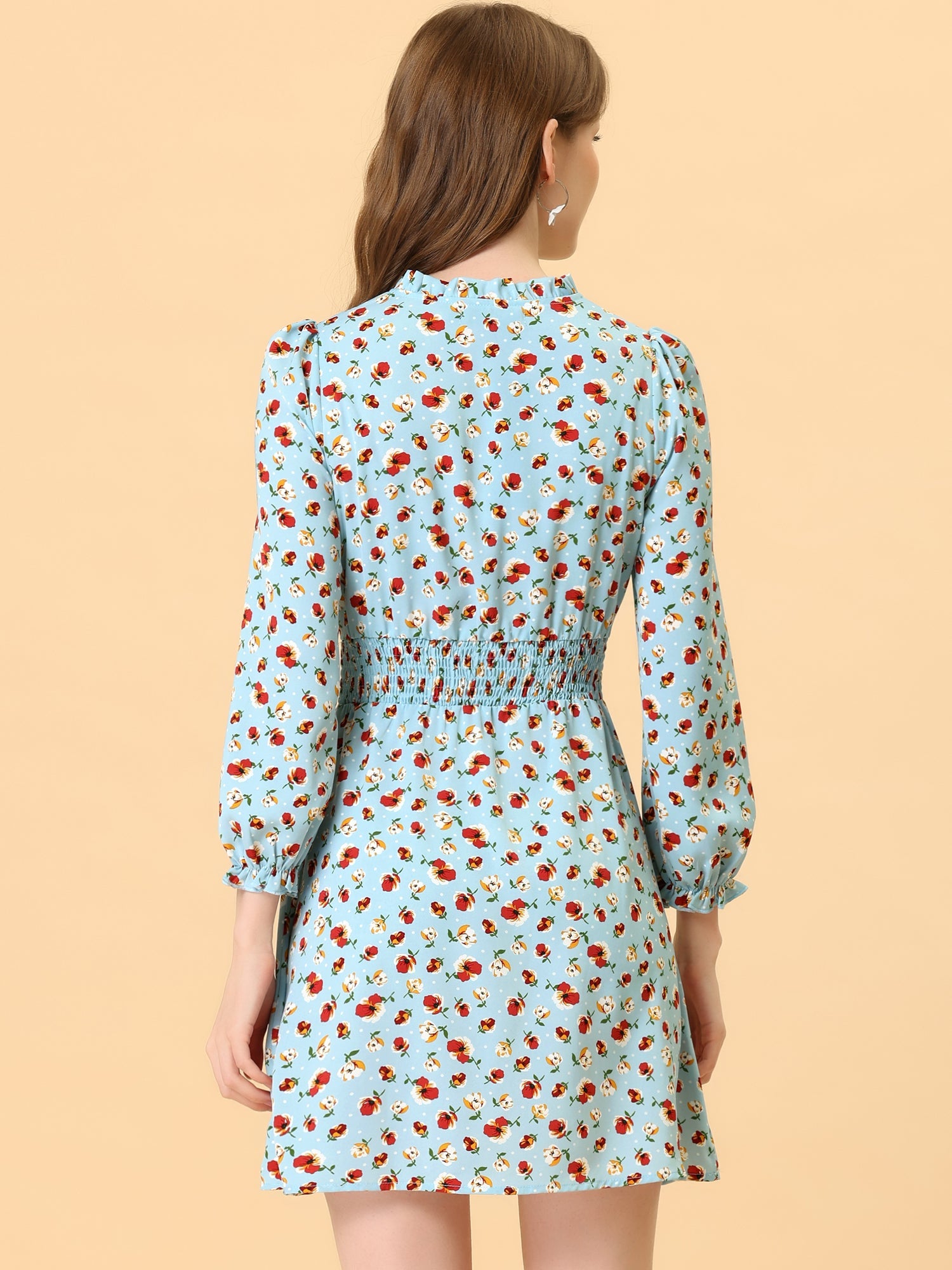 Smocked Waist Tie Neck Floral Long Sleeve Dress