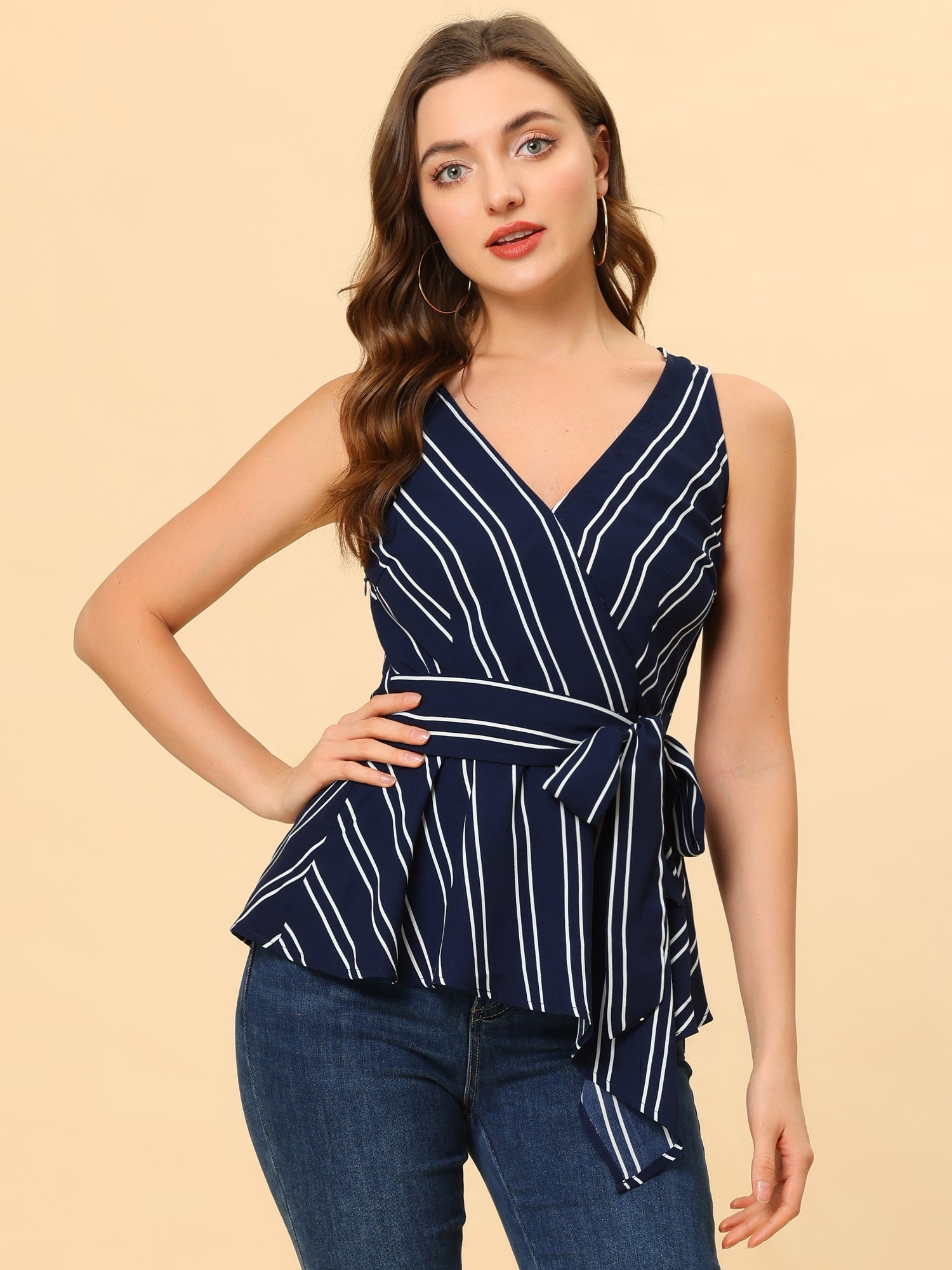 Sleeveless V Neck Tie Waist Asymmetric Hem Wrap Peplum Top