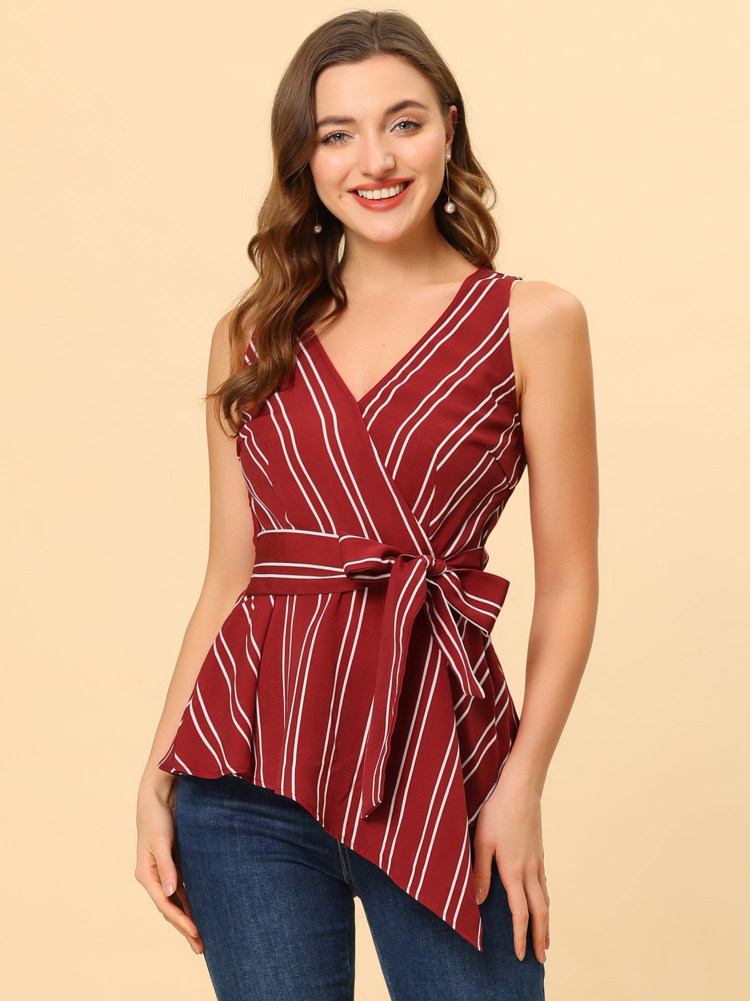 Sleeveless V Neck Tie Waist Asymmetric Hem Wrap Peplum Top