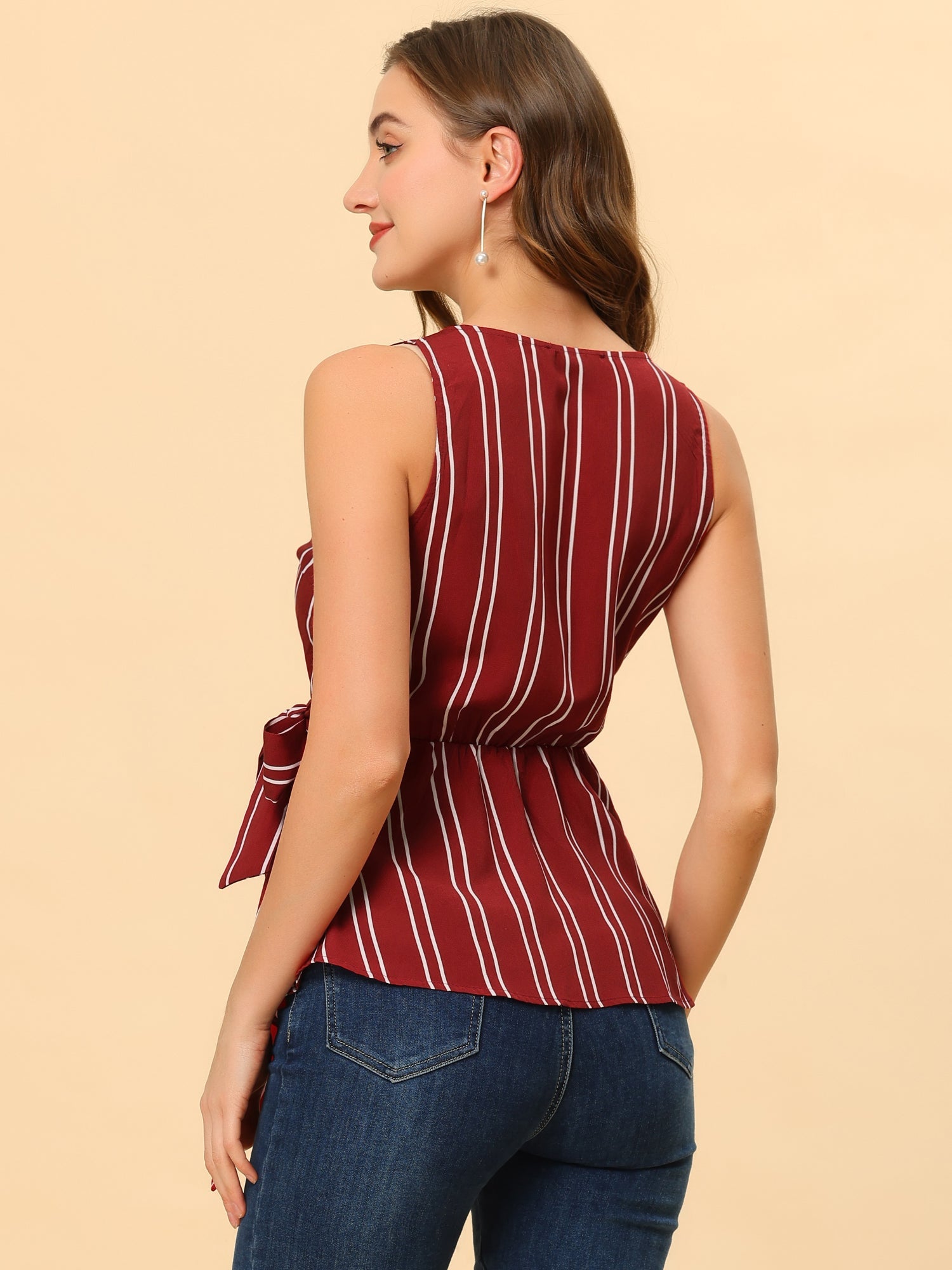 Sleeveless V Neck Tie Waist Asymmetric Hem Wrap Peplum Top