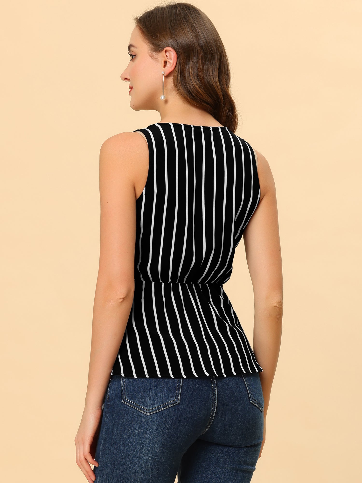 Sleeveless V Neck Tie Waist Asymmetric Hem Wrap Peplum Top