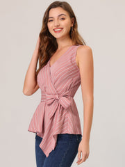 Sleeveless V Neck Tie Waist Asymmetric Hem Wrap Peplum Top