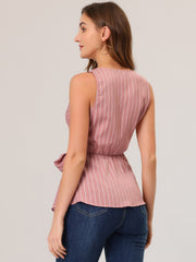 Sleeveless V Neck Tie Waist Asymmetric Hem Wrap Peplum Top