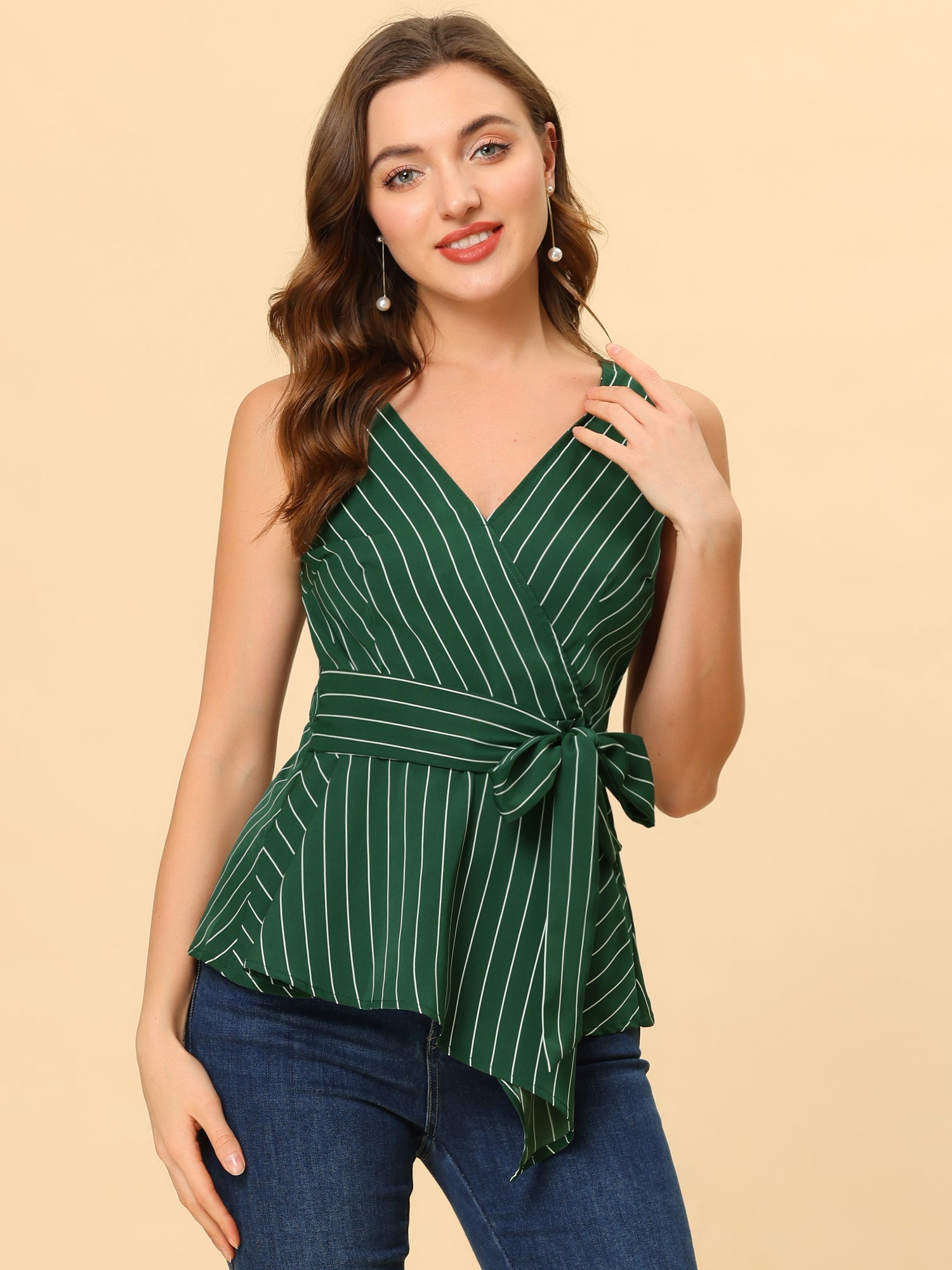 Sleeveless V Neck Tie Waist Asymmetric Hem Wrap Peplum Top
