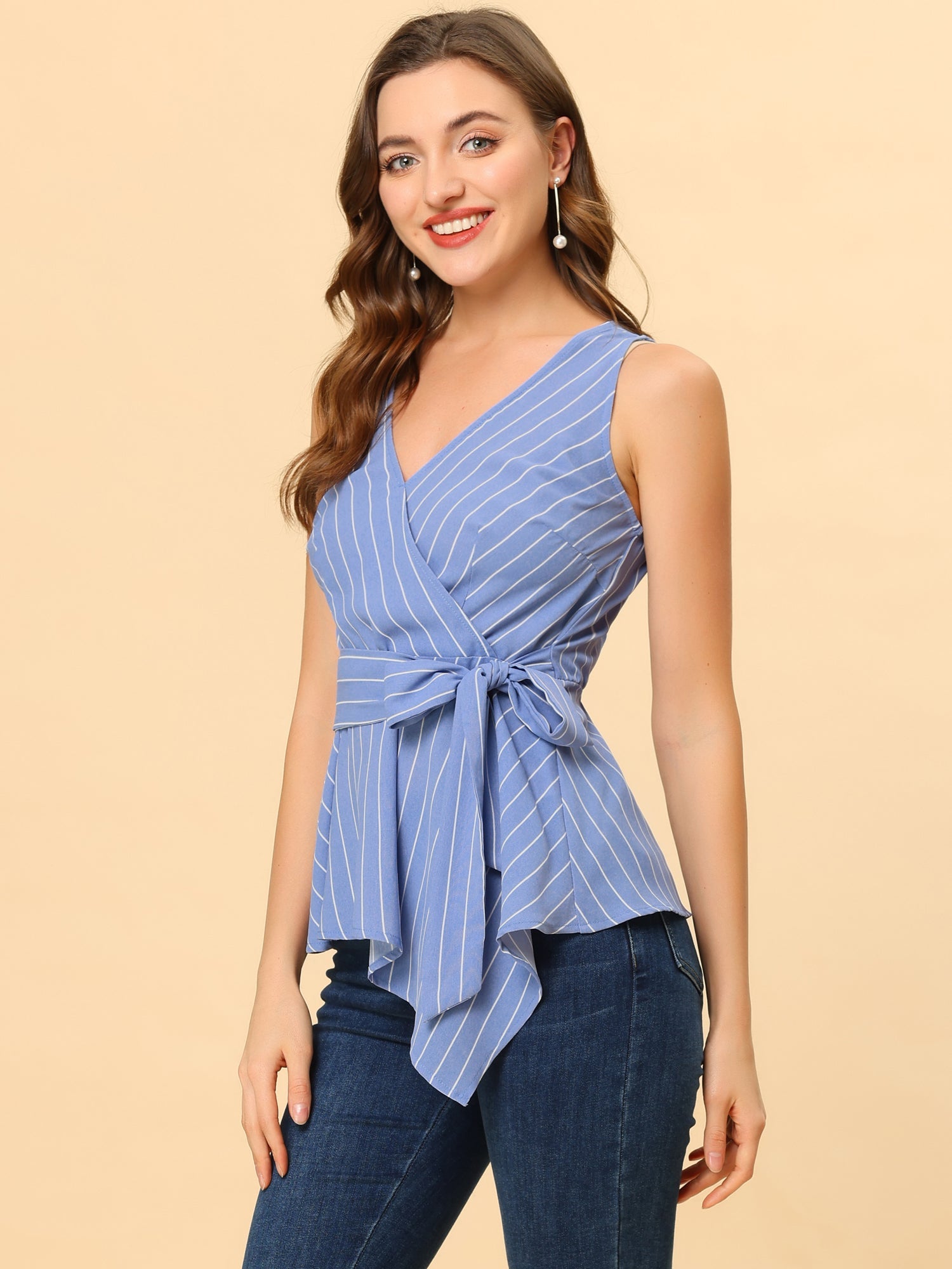 Sleeveless V Neck Tie Waist Asymmetric Hem Wrap Peplum Top