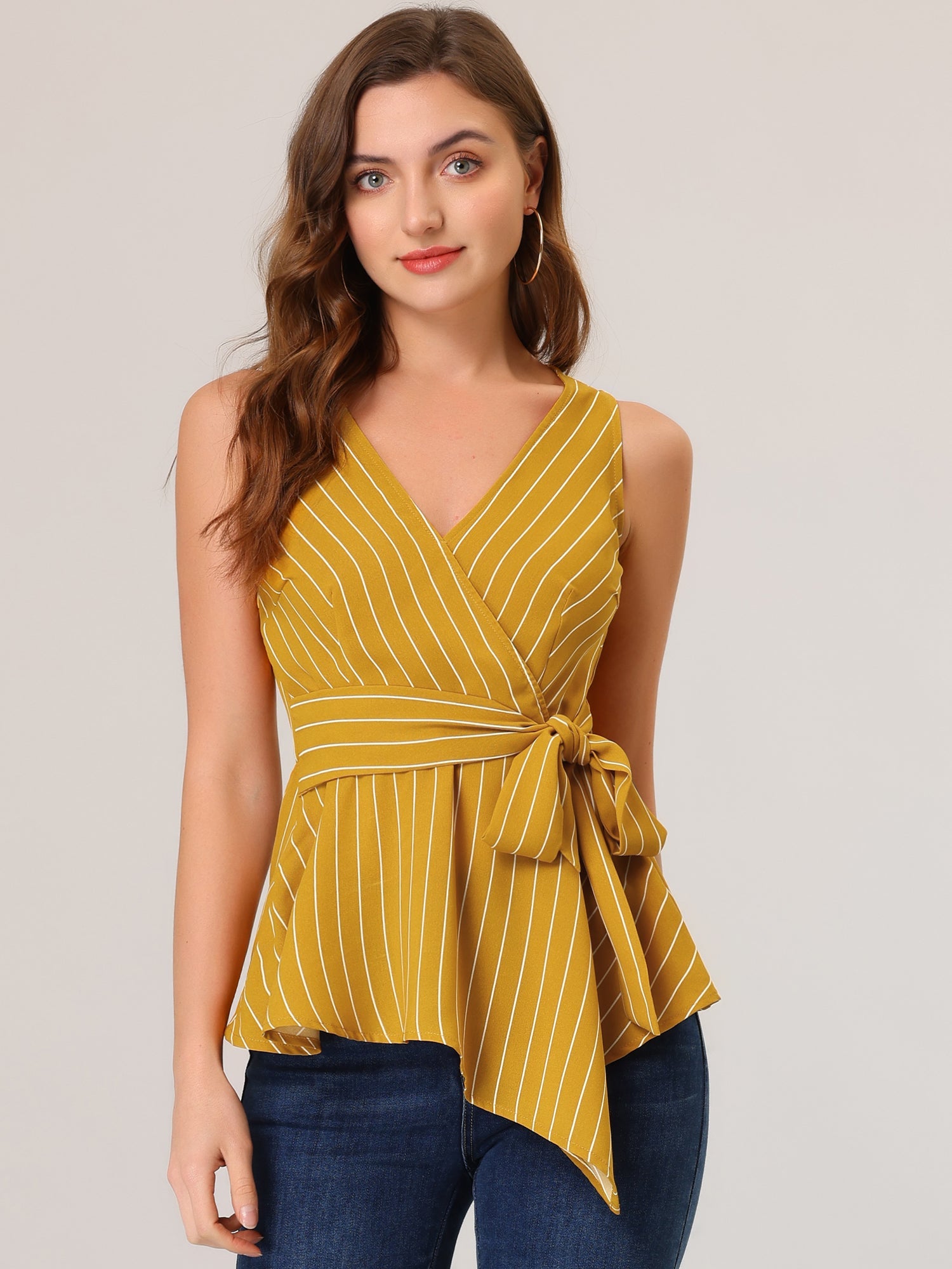 Sleeveless V Neck Tie Waist Asymmetric Hem Wrap Peplum Top